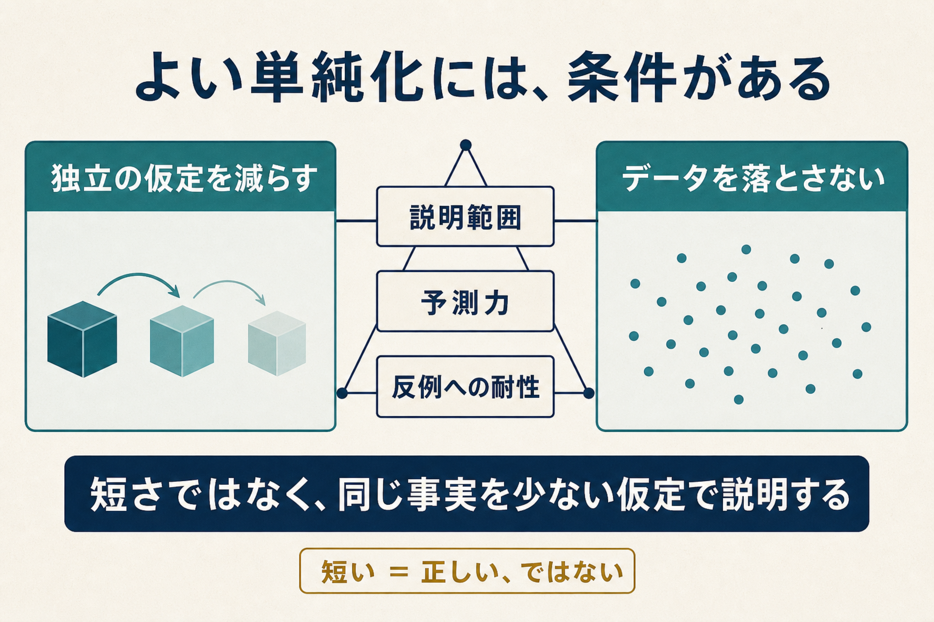 独立仮定を減らすこととデータを落とさないことを、説明範囲・予測力・反例への耐性で釣り合わせた図