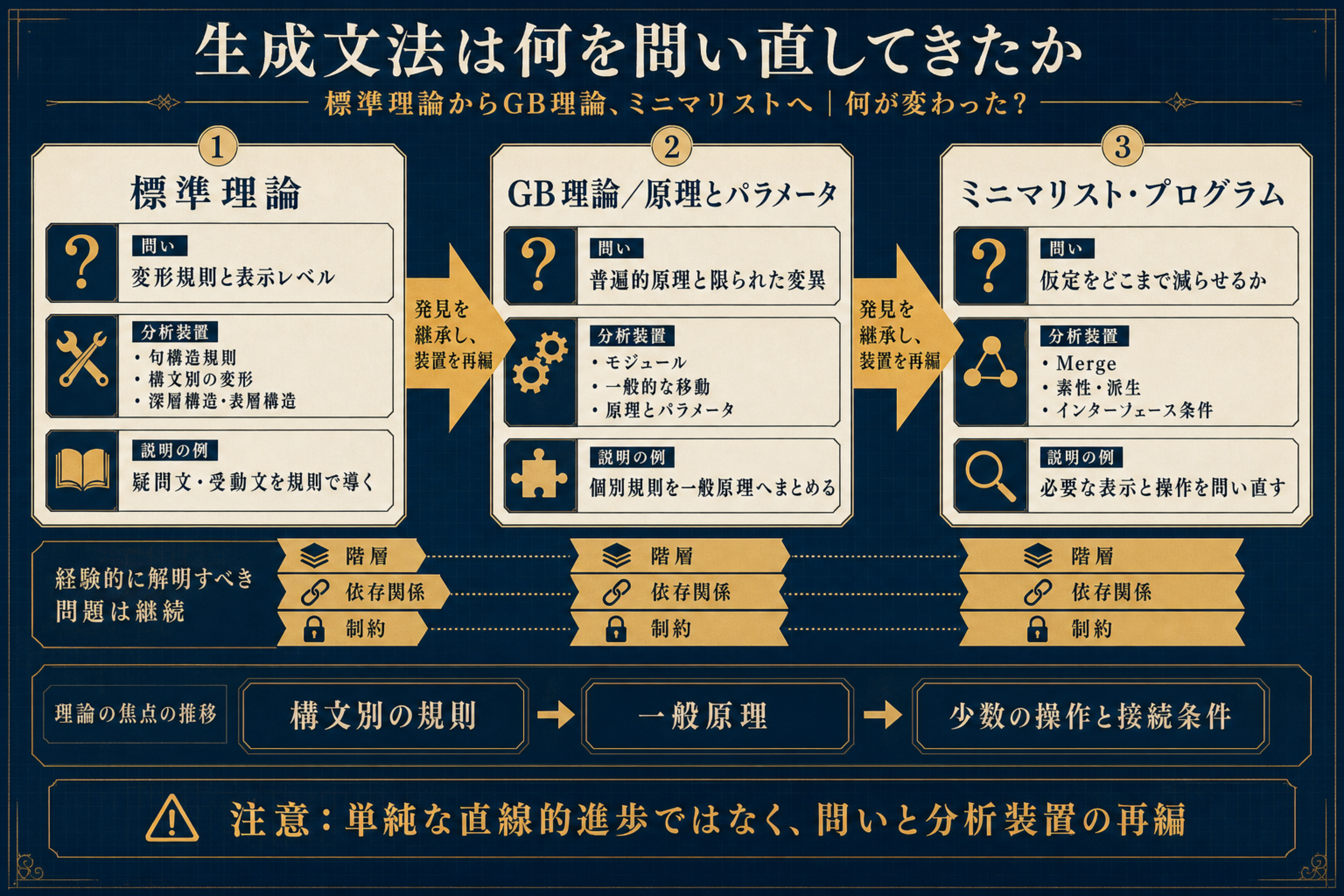 標準理論から拡大標準理論、GB理論と原理とパラメータ、ミニマリスト・プログラムへの理論史を示す図