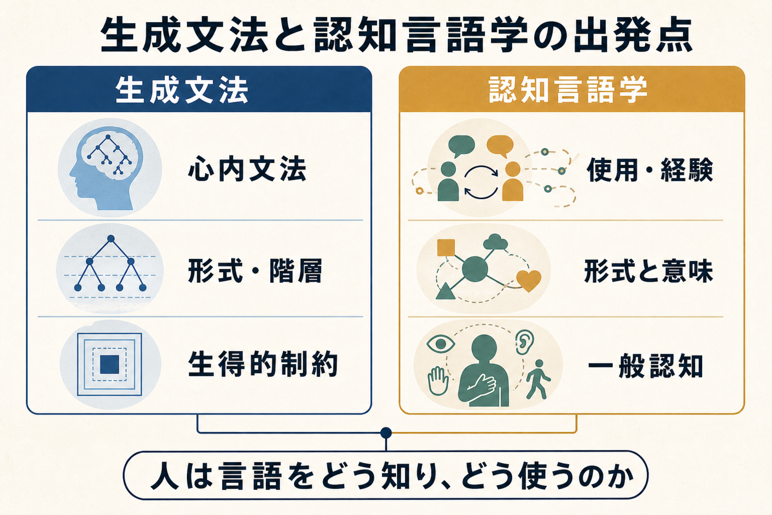 生成文法は心内文法・形式と階層・生得的制約を、認知言語学は使用と経験・形式と意味・一般認知を出発点にすることを比べた図