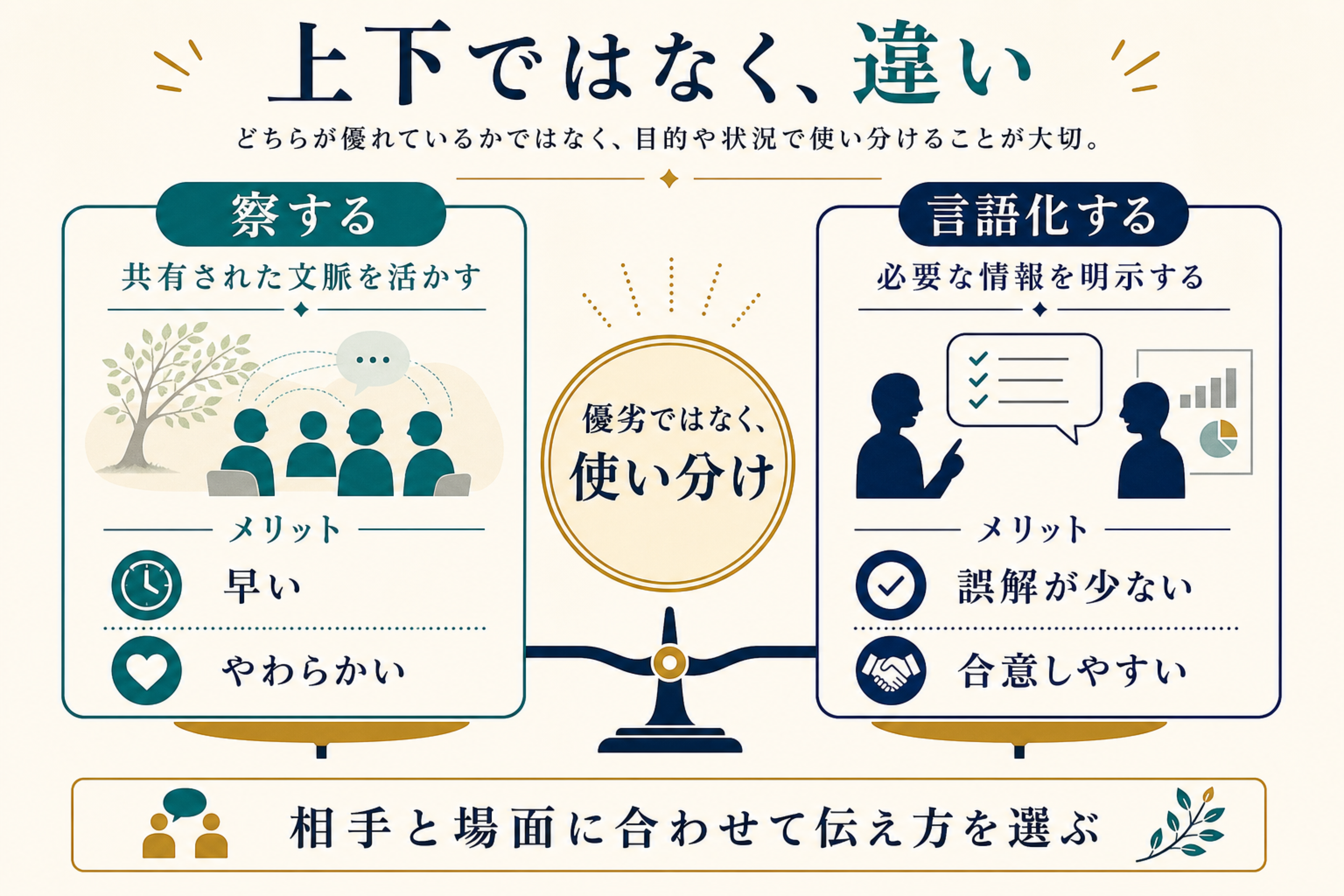 察する伝え方と言語化する伝え方が優劣ではなく使い分けであることを示す図
