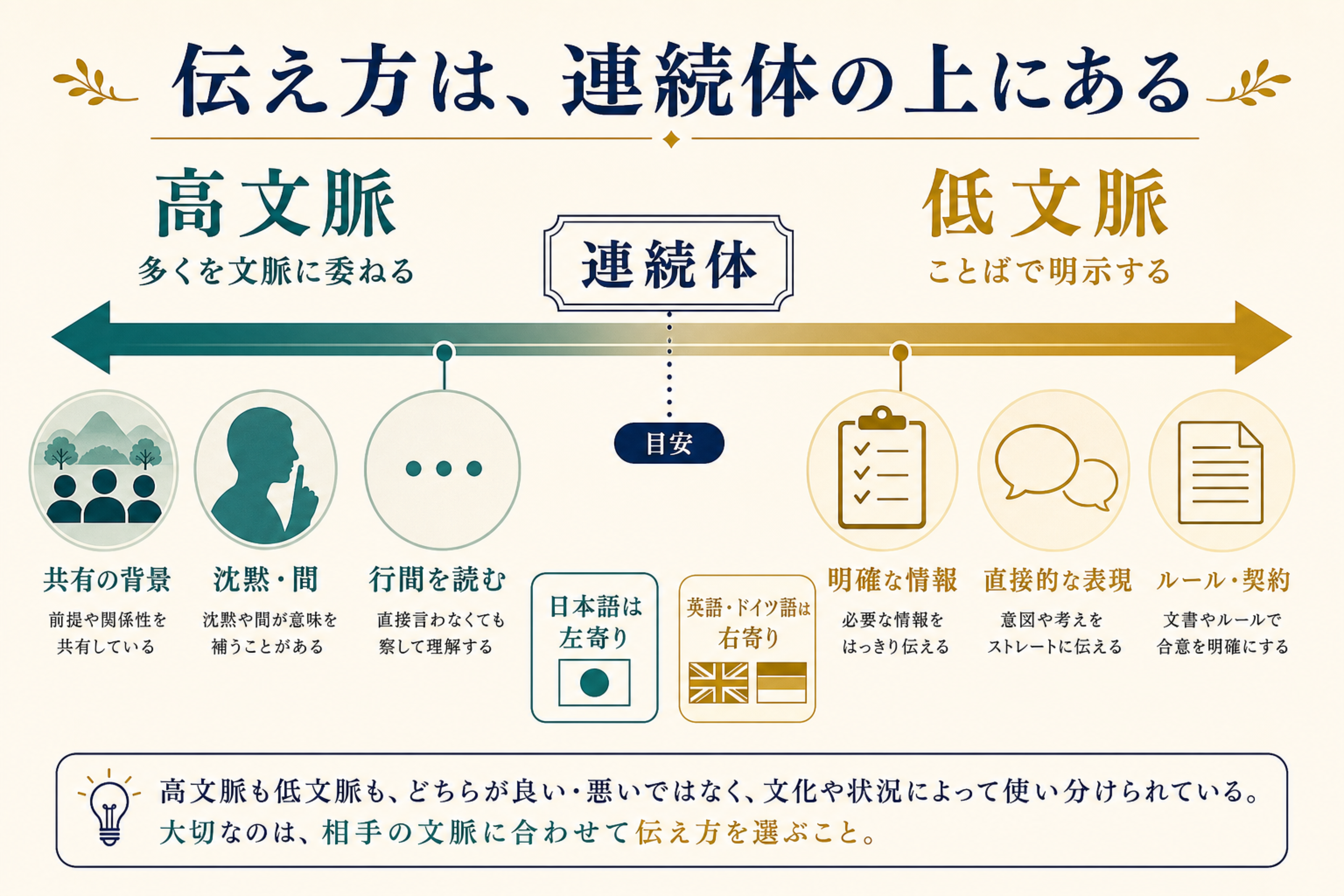 高文脈と低文脈を連続体として示す図