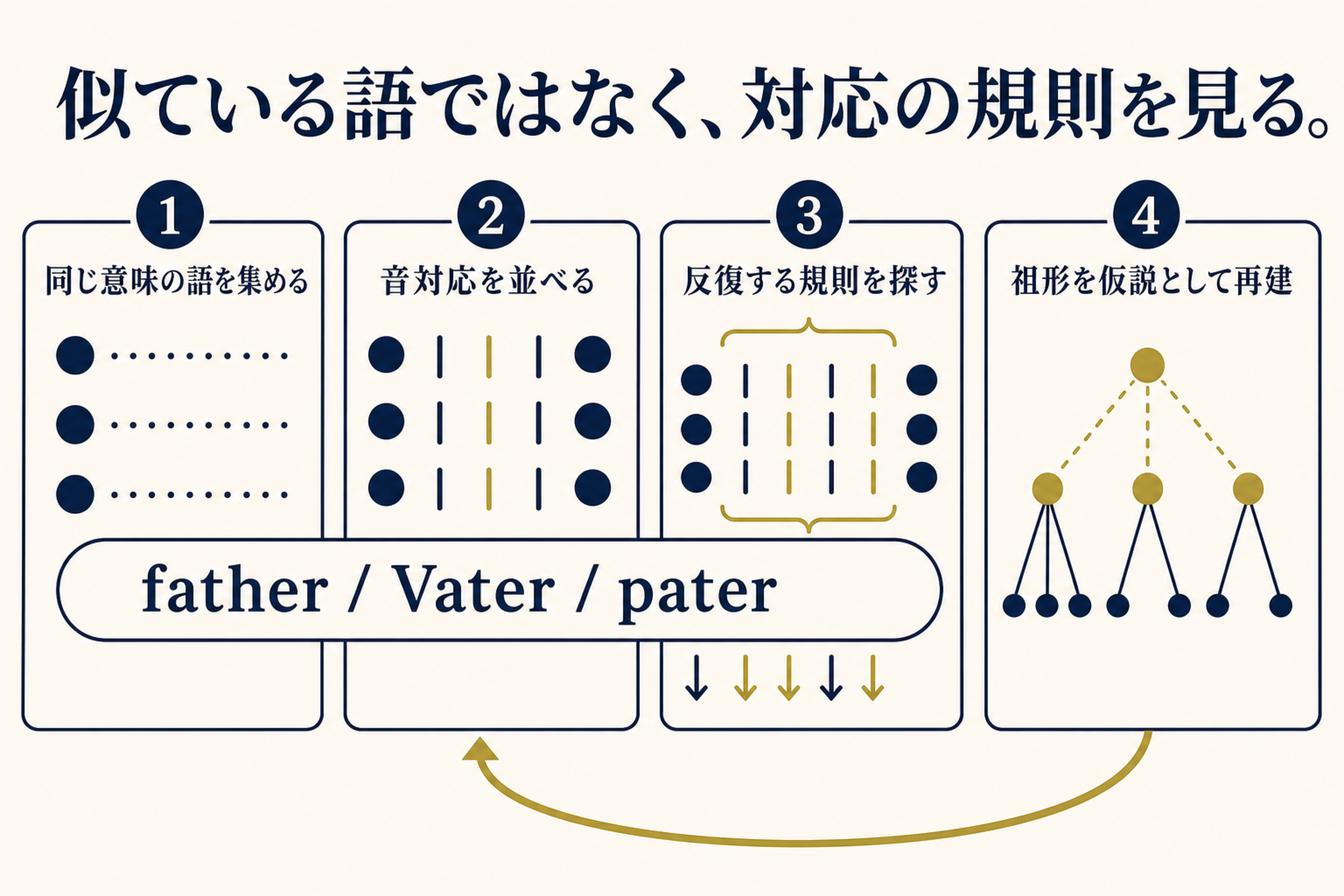 同じ意味の語から規則的な音対応を見つけ祖形を再建する比較方法の4段階