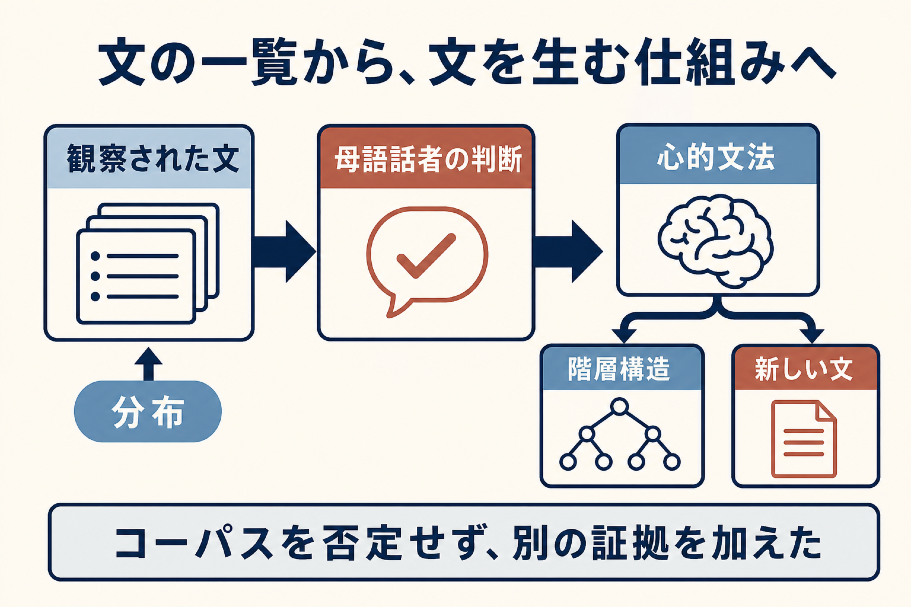 観察された文と分布から母語話者判断・心的文法・階層構造へ証拠が広がる図