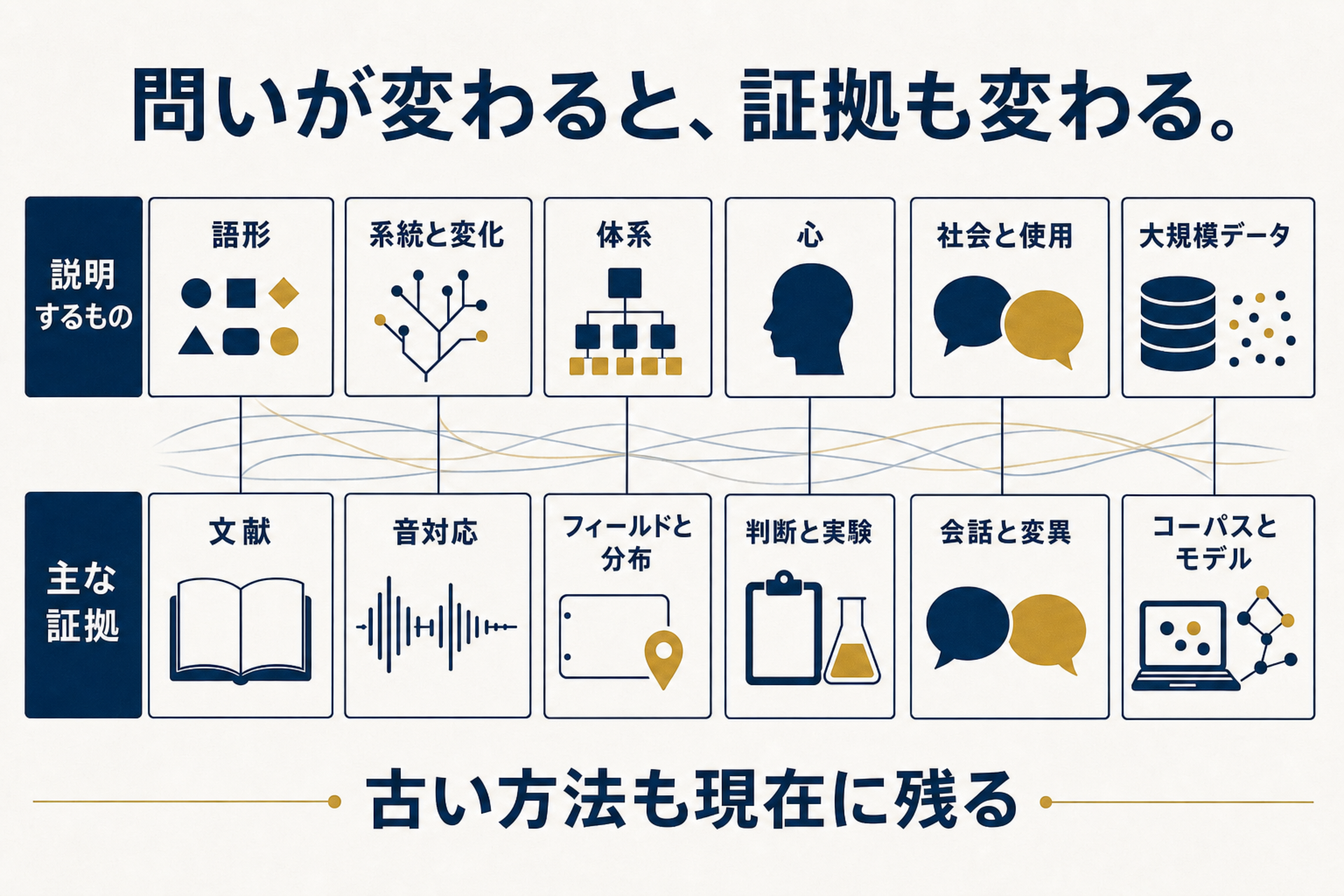 言語学史を説明対象と主な証拠の二軸で整理した全体地図