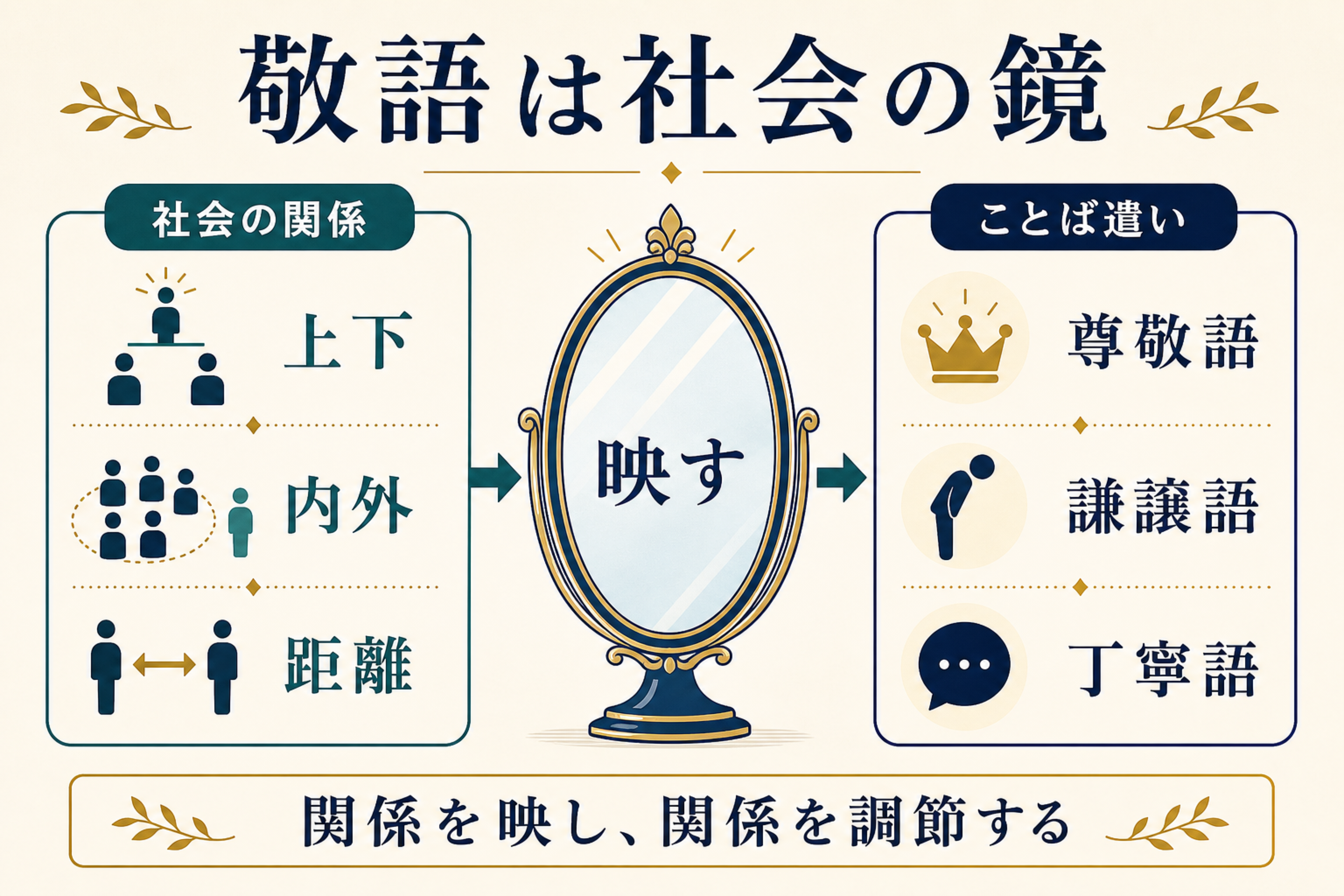 敬語が社会の上下、内外、距離をことば遣いに映すことを示す図