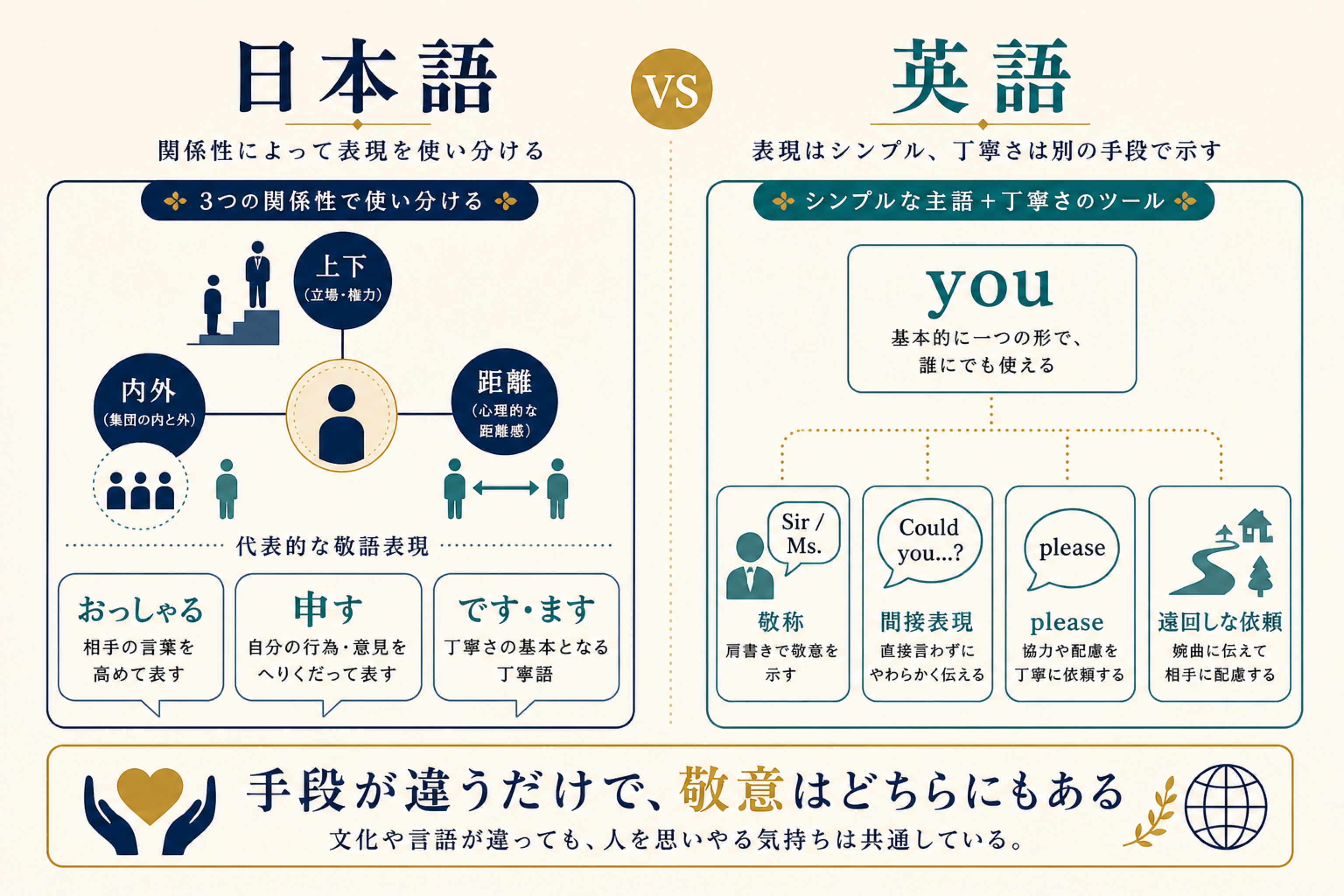 日本語は関係性で表現を使い分け、英語はyouや敬称、間接表現で敬意を示すことを比較する図