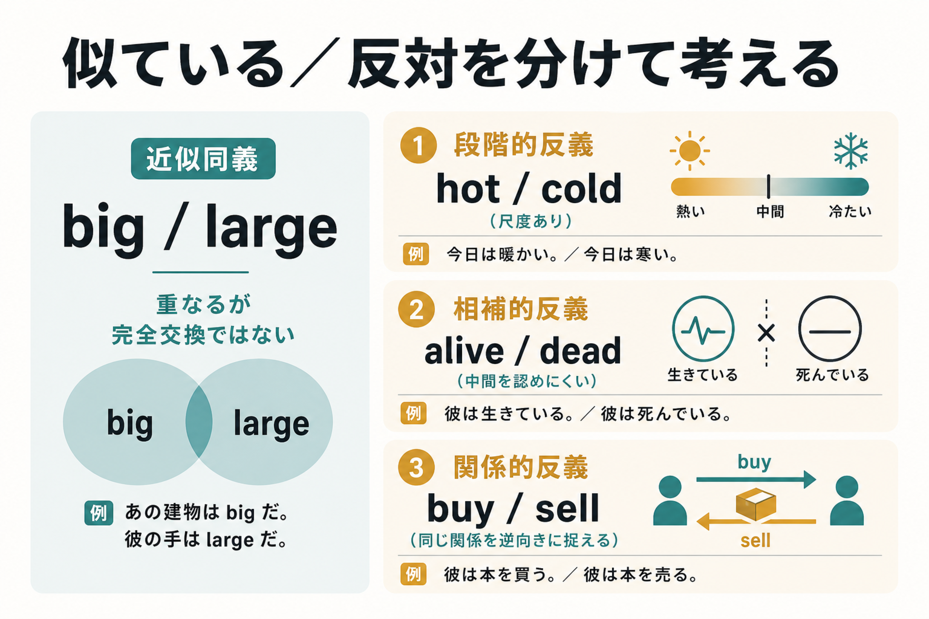 近似同義と三種類の反義関係を分類する図