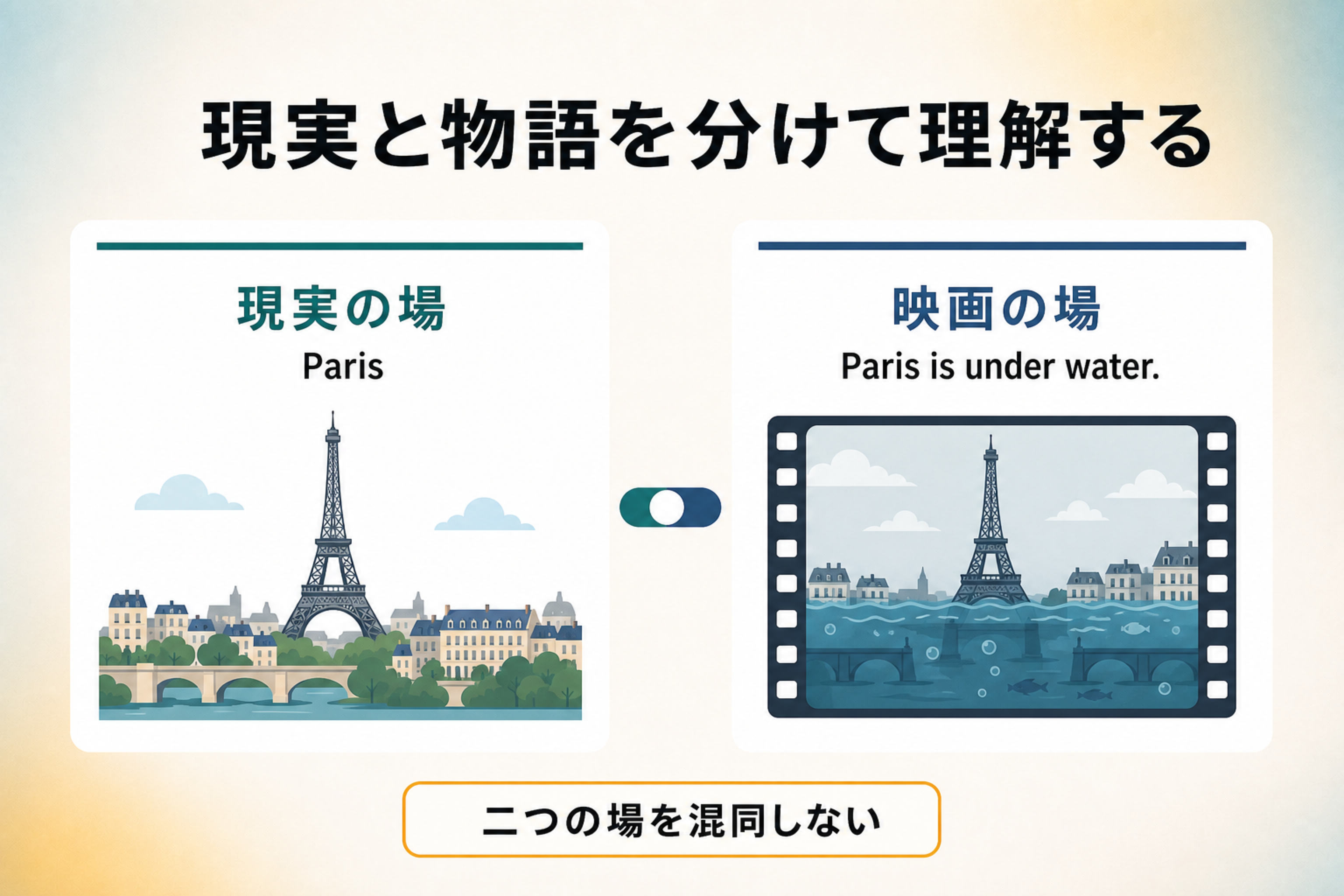 現実のパリと映画内で水没したパリを別の理解の場として示す図