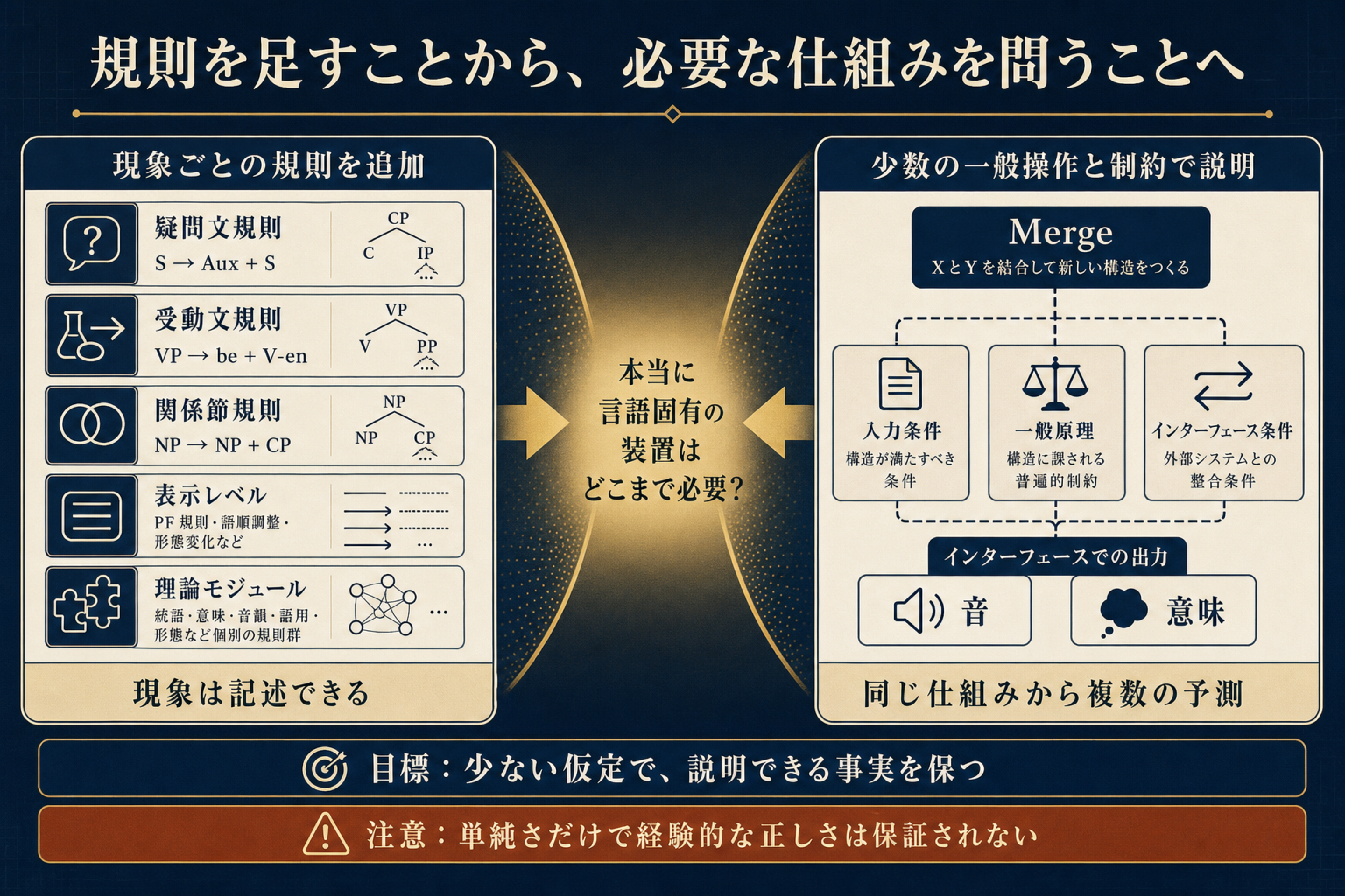 構文ごとの多数の規則から少数の操作と一般原理へ仮定を減らすミニマリスト・プログラムの発想を示す図
