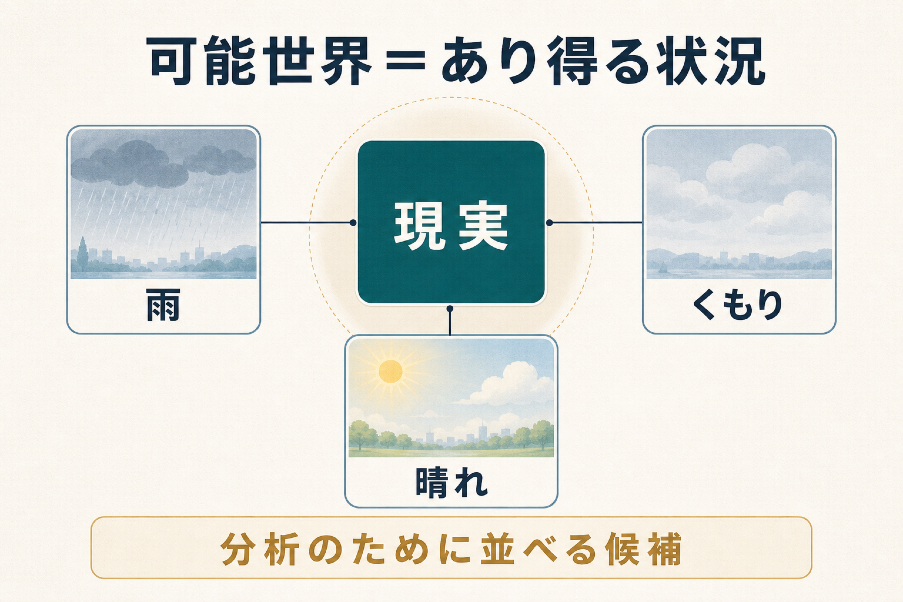現実と複数のあり得る状況を区別する可能世界意味論の図