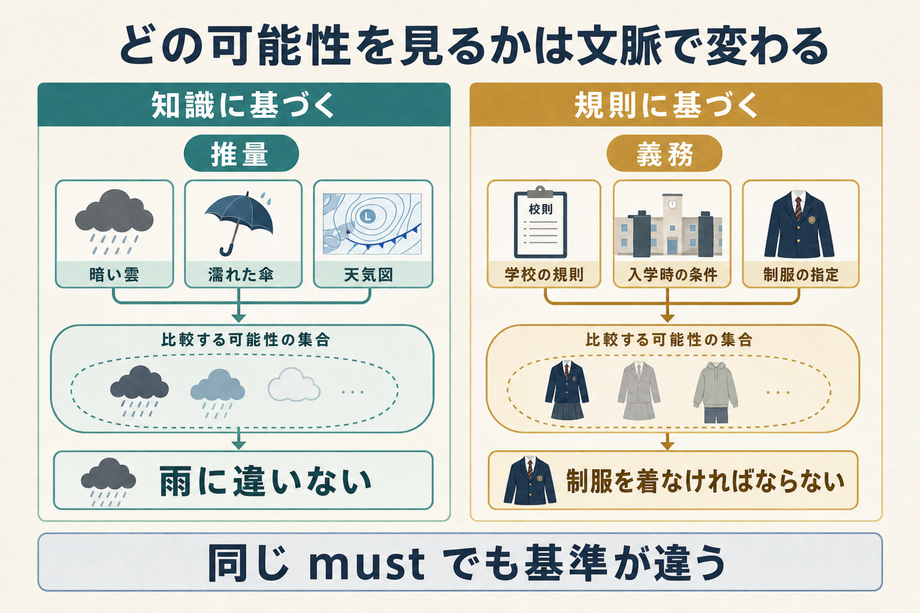 知識に基づく様相と規則に基づく様相を比較する図