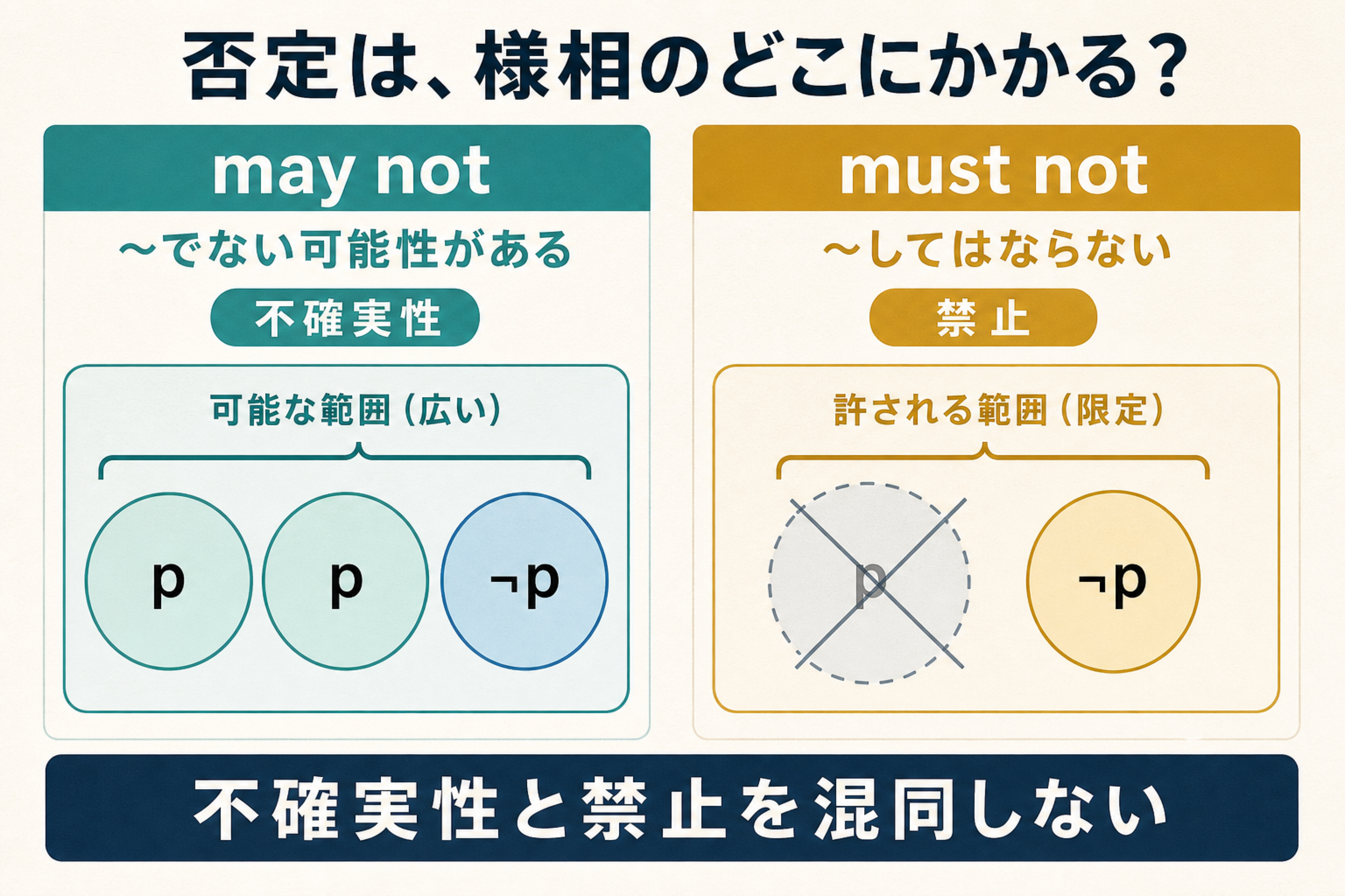 may notとmust notを比較する様相と否定の作用域図