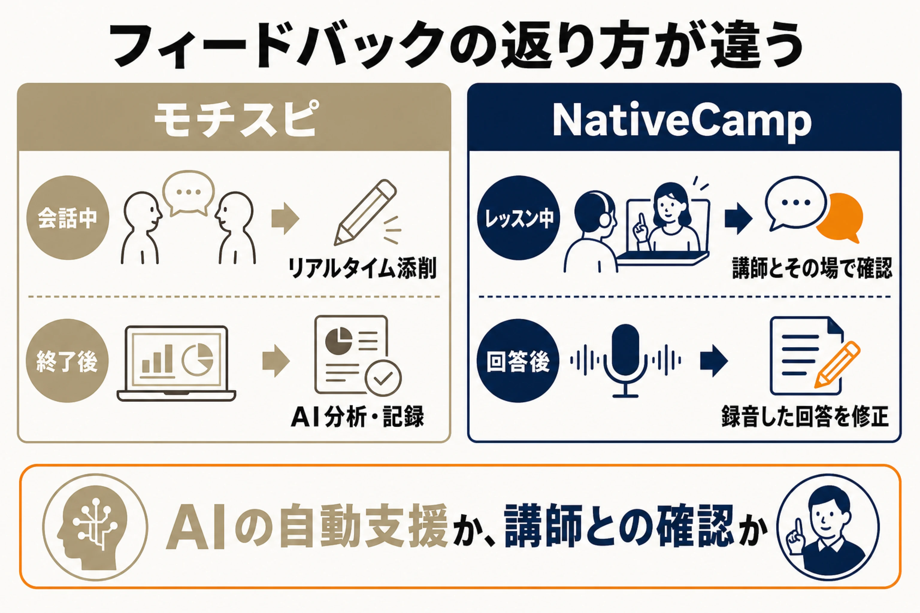 モチスピのリアルタイム添削とAI分析をNativeCampの講師確認と録音回答の修正と比較した図