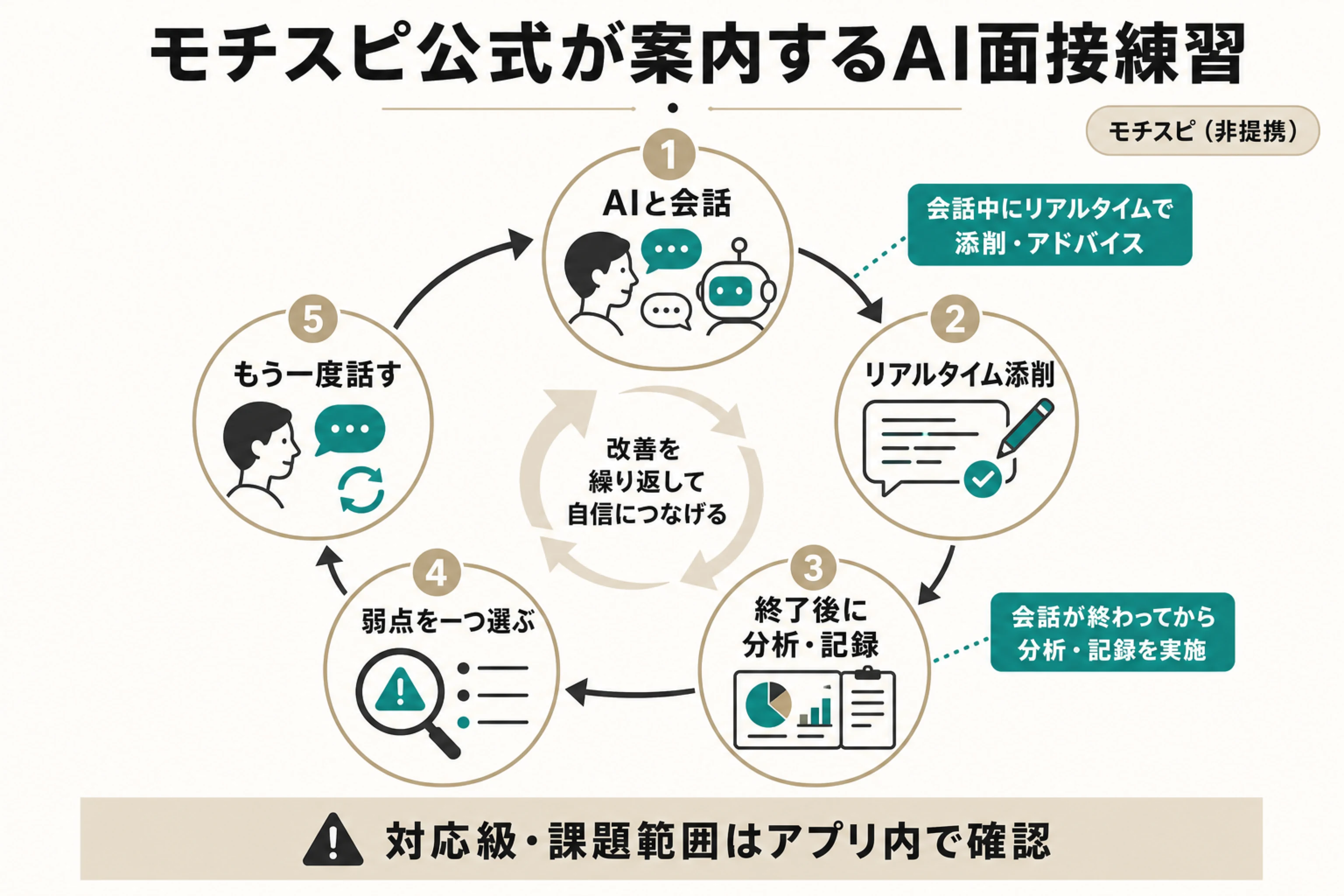 モチスピ公式が案内するAI面接練習でリアルタイム添削と終了後の分析を反復へつなげる図
