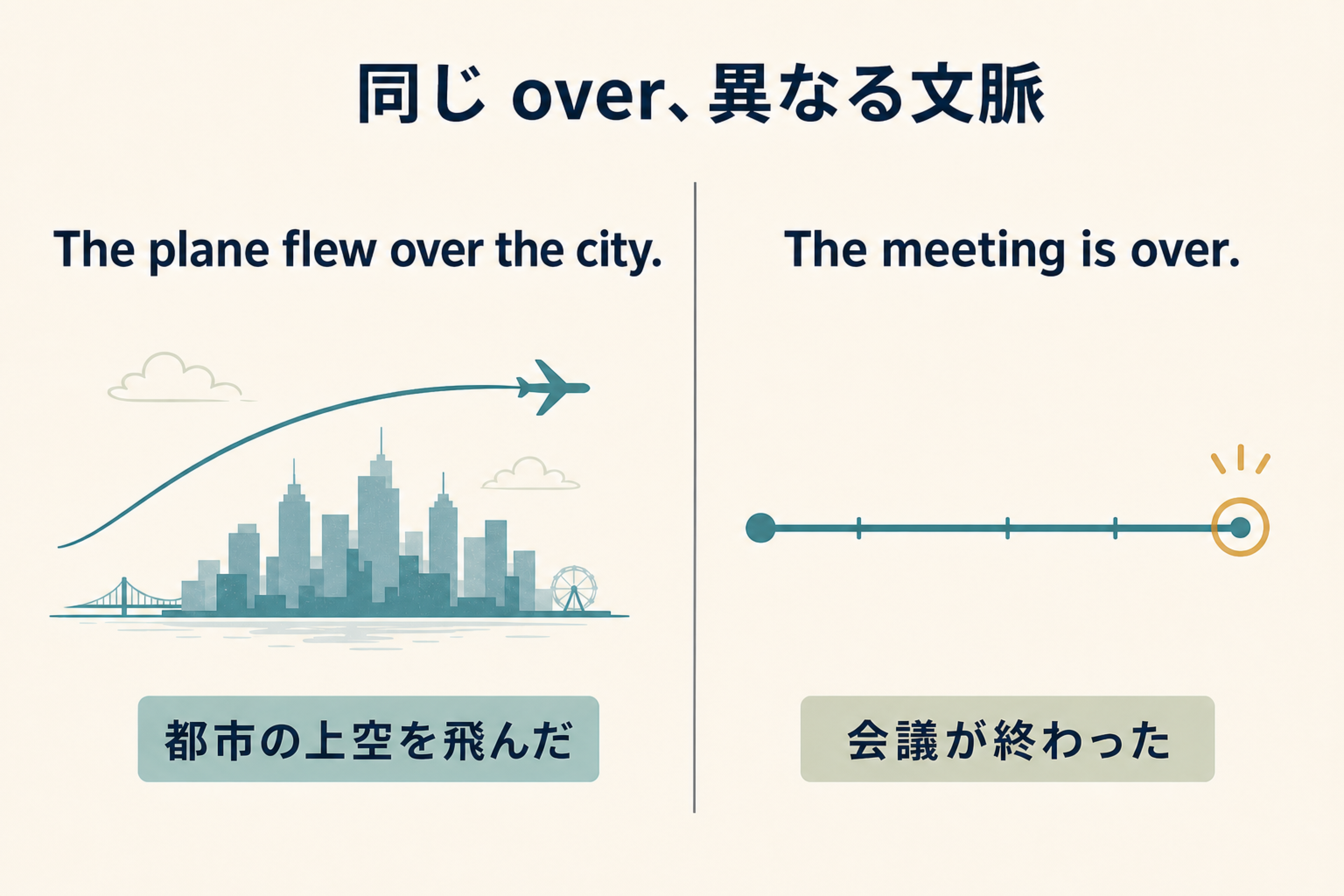 overの空間用法と完了用法を対比する図