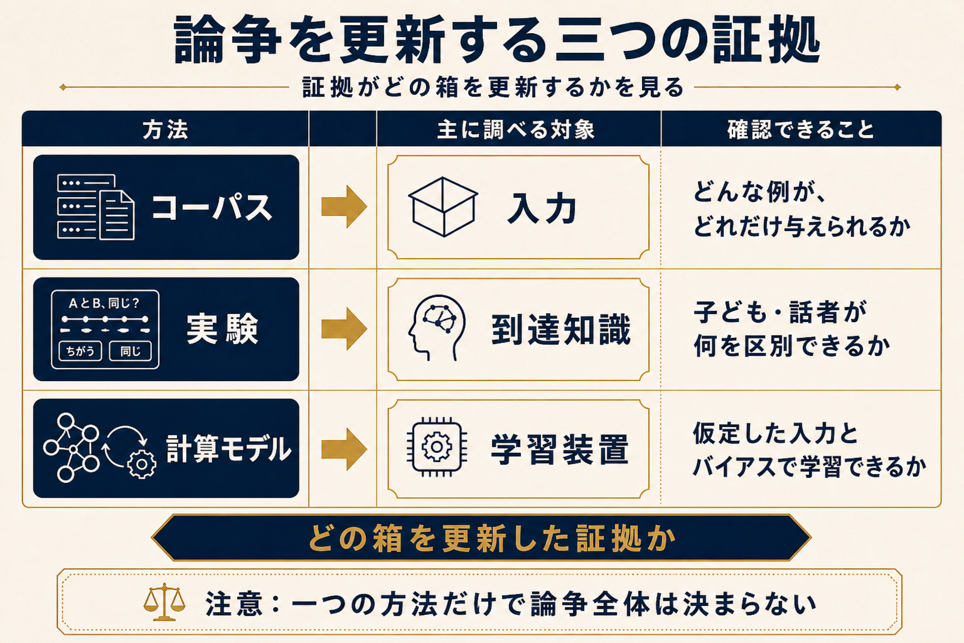 コーパスが入力、実験が到達知識、計算モデルが学習装置を主に検証することを示す図