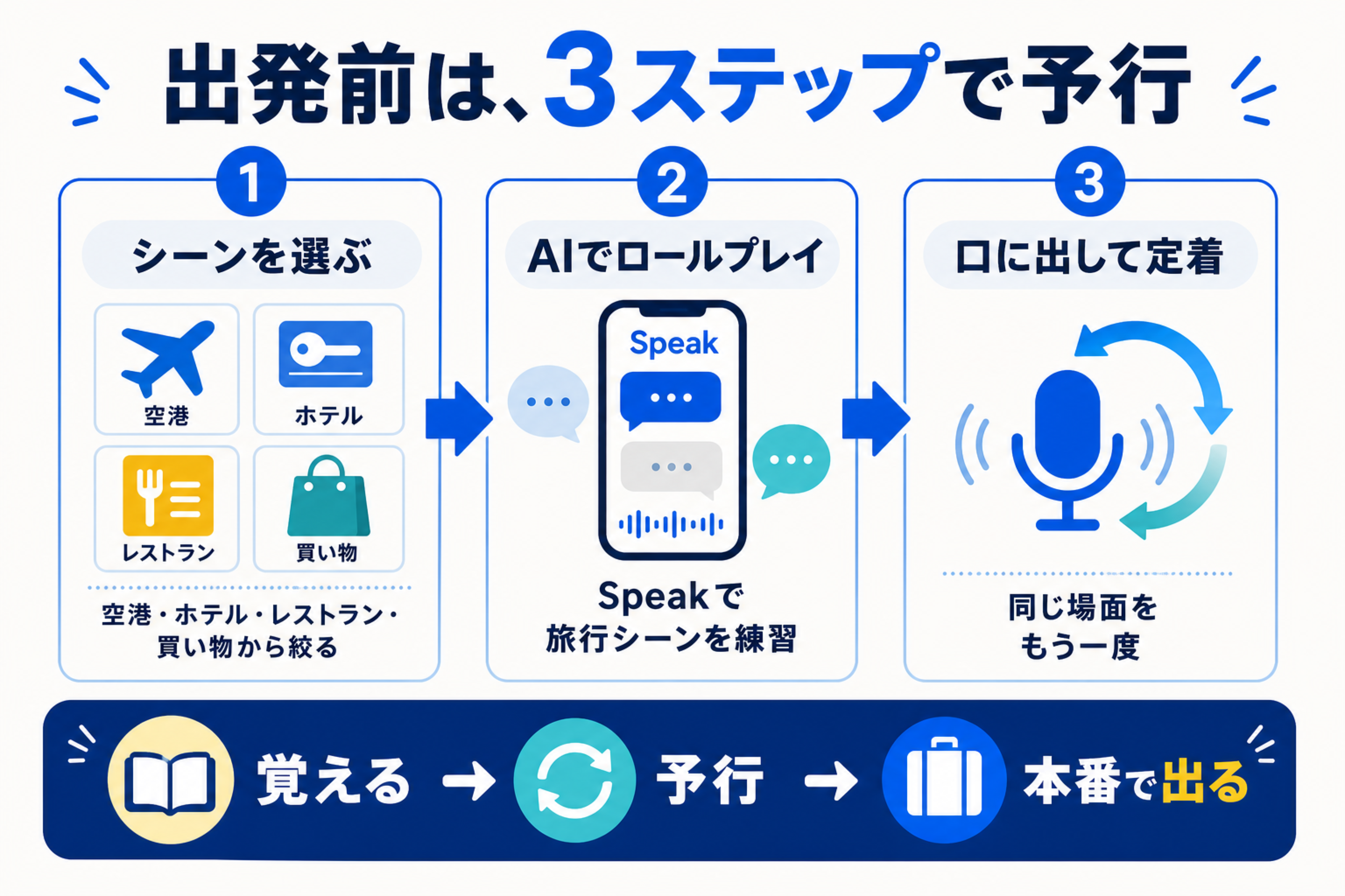 出発前に旅行シーンを選びAIでロールプレイし口に出して定着させる流れの図