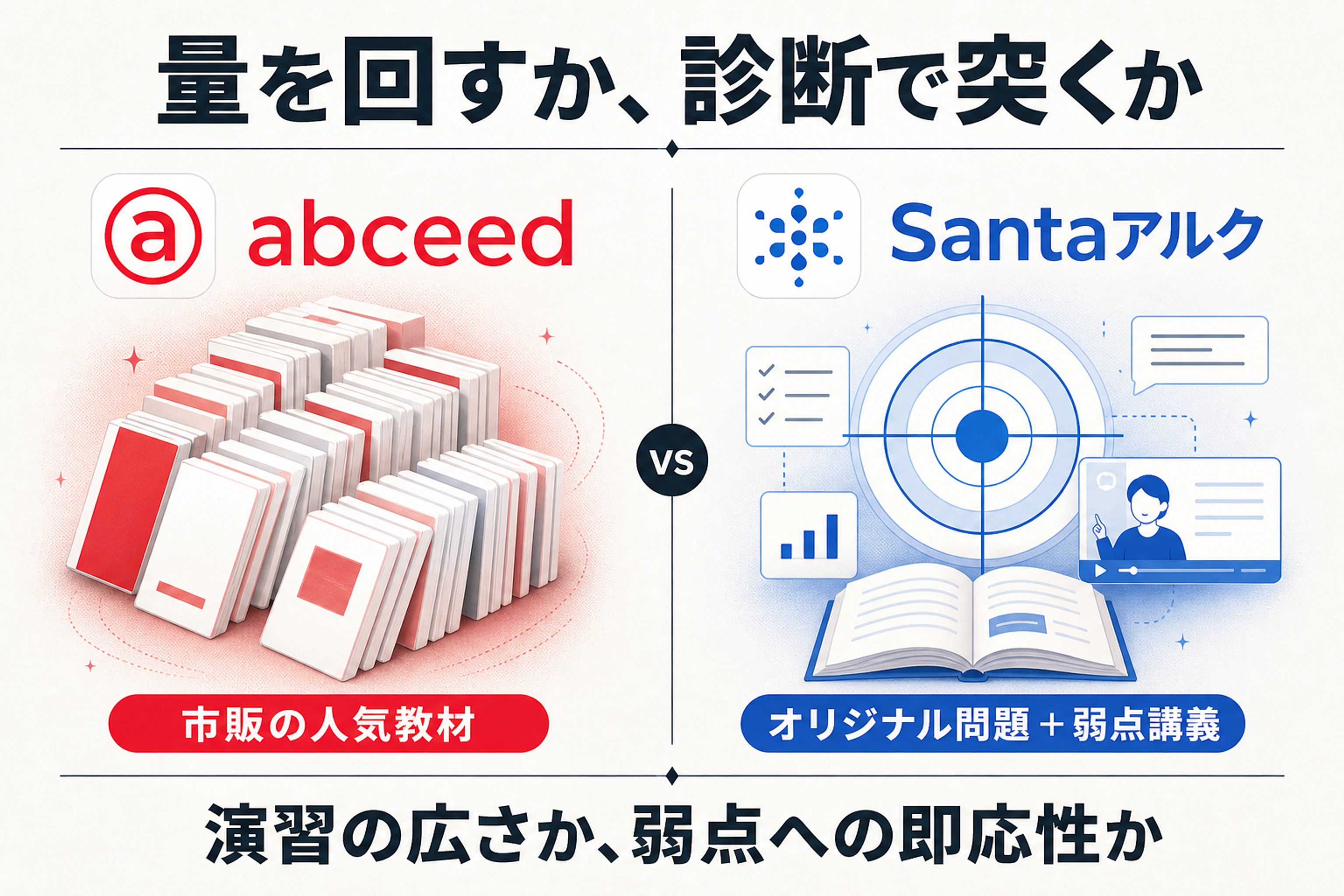 abceedの市販教材470冊以上とSantaアルクのオリジナル問題を比べた教材マップ