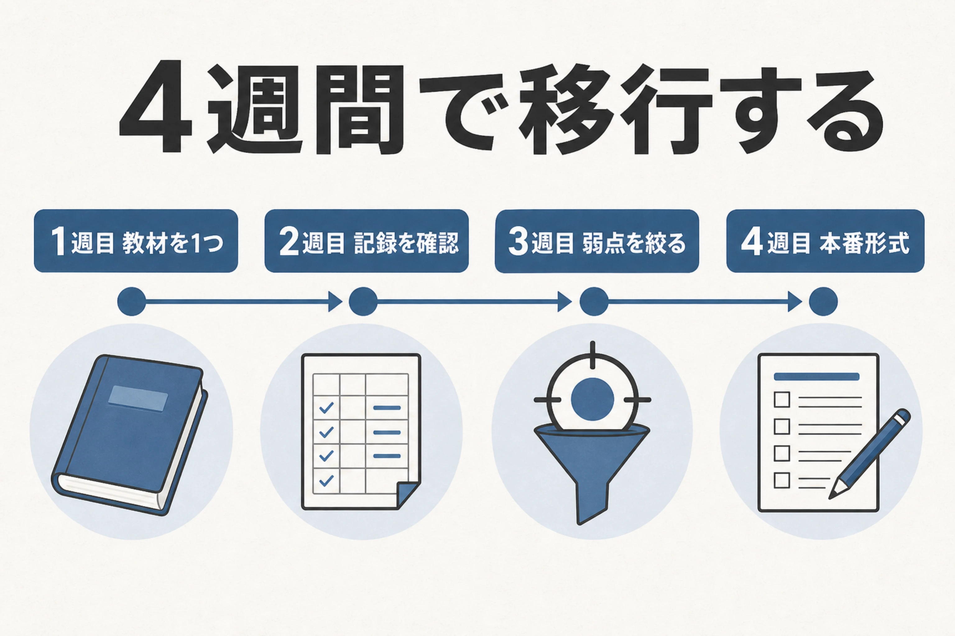 教材決定、記録確認、弱点の絞り込み、本番形式の4週間で代替教材へ移行する計画を示す図
