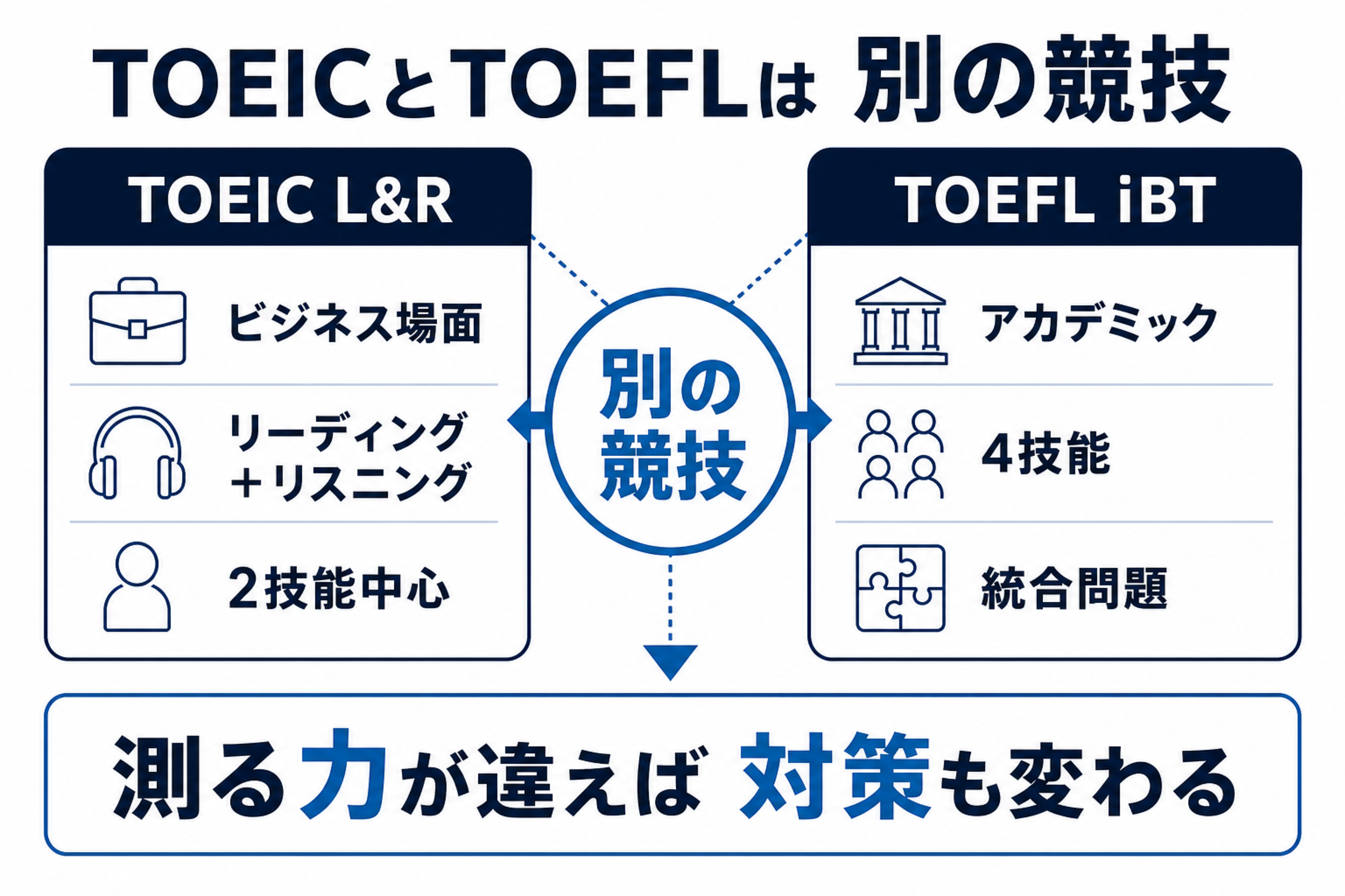 TOEIC L&RとTOEFL iBTの試験設計の違いを示す比較図