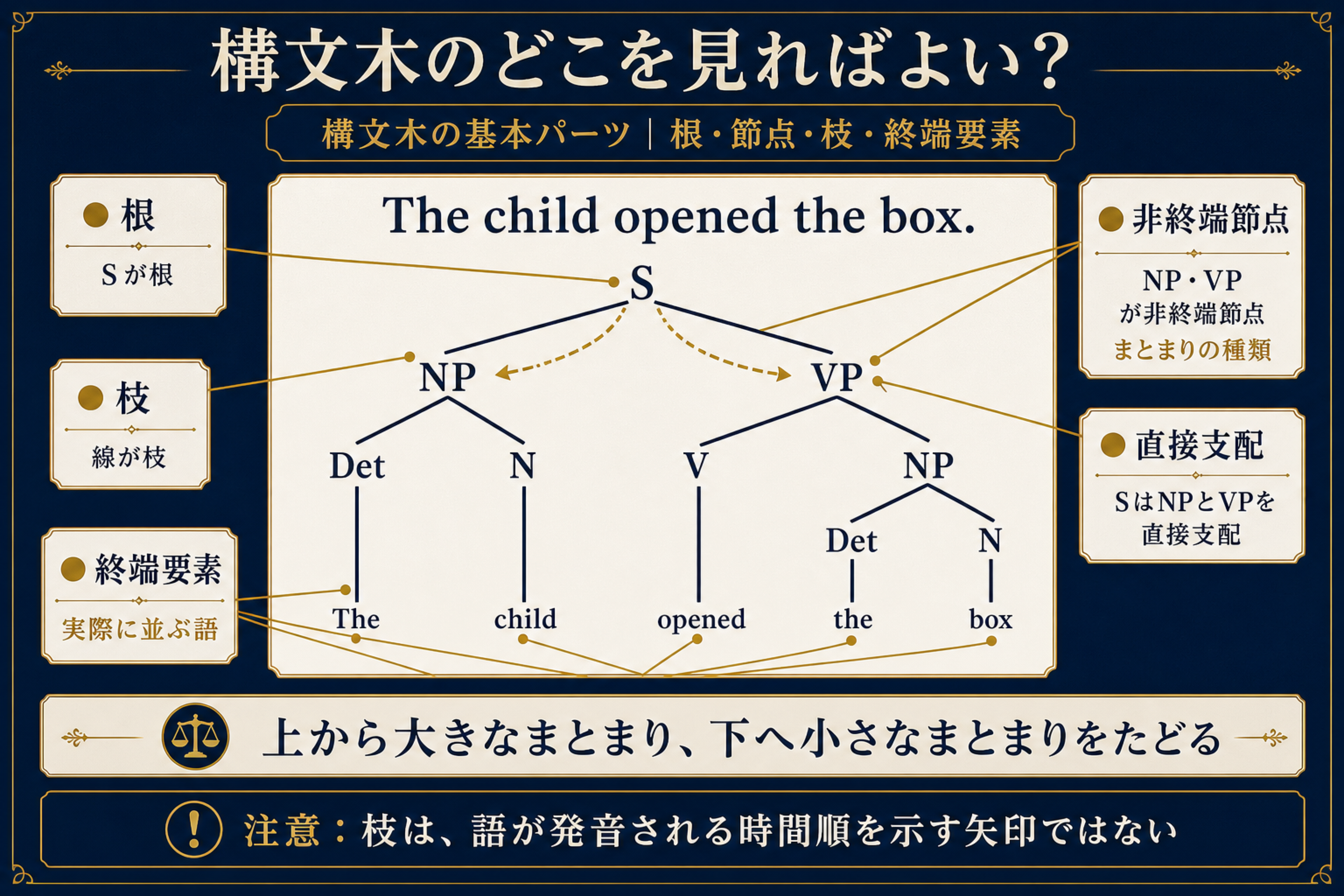 The child opened the boxの構文木で根、非終端節点、枝、終端要素、直接支配を示す図