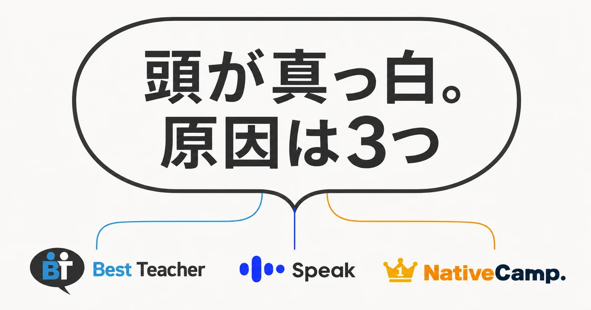 英検二次で頭が真っ白になる原因を3つに分け、Best Teacher、Speak、NativeCampへ案内するサムネイル