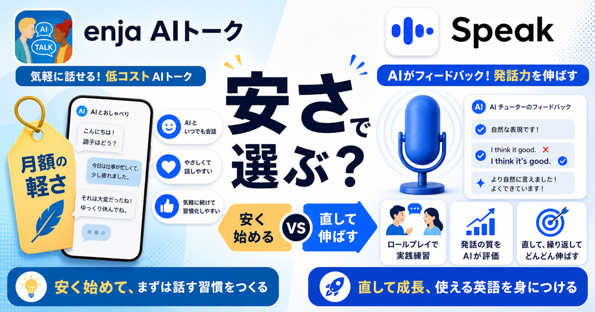 enja AIトークとSpeakを安さと発話フィードバックで比較するサムネイル画像