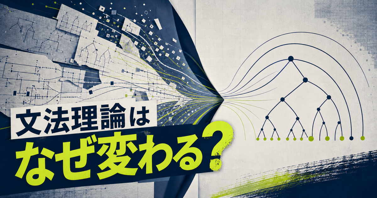 複雑な文法規則が簡潔な構造へ再編される流れと『文法理論はなぜ変わる？』の文字を描いたサムネイル