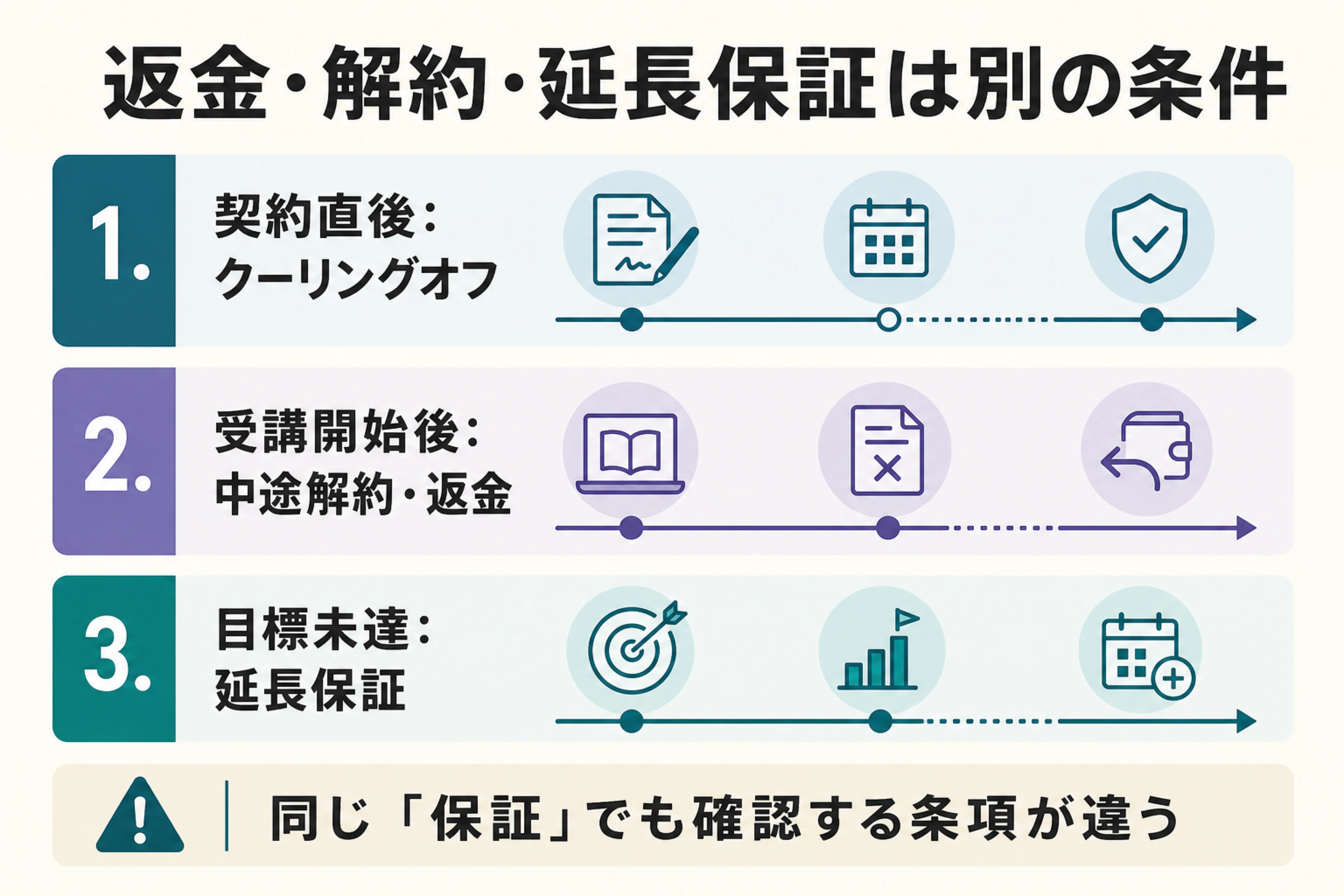 返金保証・中途解約・延長保証を契約時期ごとに分ける図