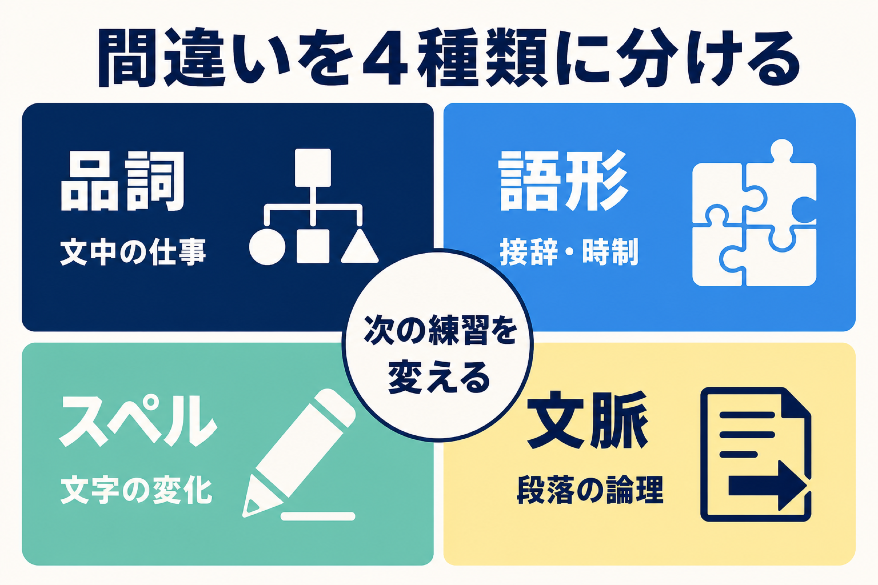 Complete the Wordsの誤答を品詞、語形、綴り、文脈の4種類に分ける図