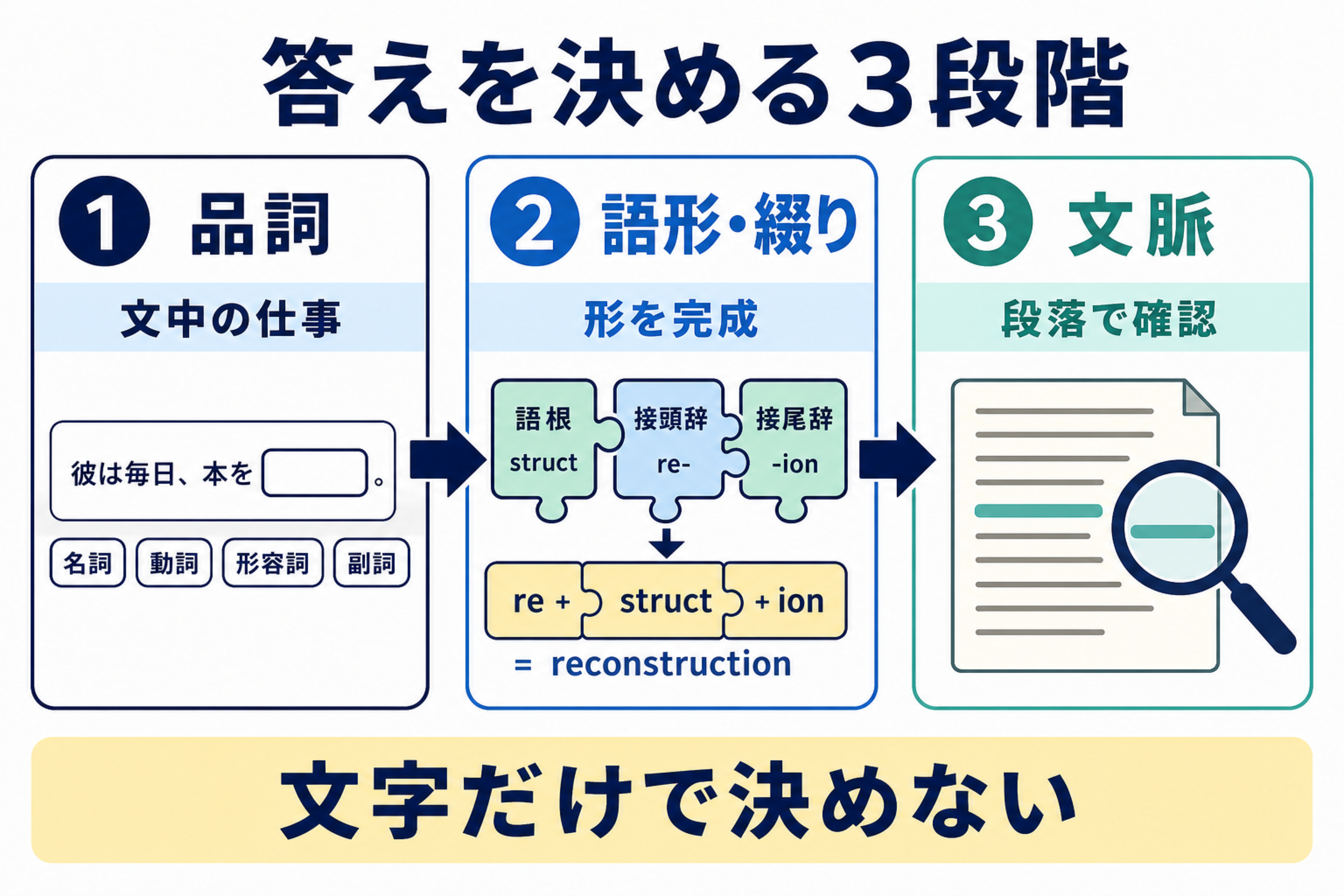 Complete the Wordsを品詞、語形と綴り、文脈の順に解く3段階