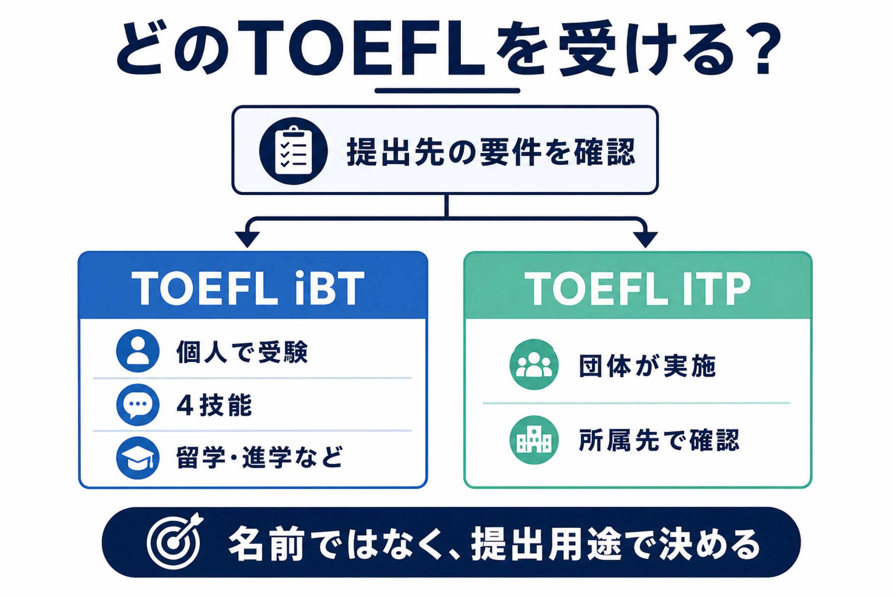 TOEFL iBTとTOEFL ITPを提出用途から選ぶ判断図
