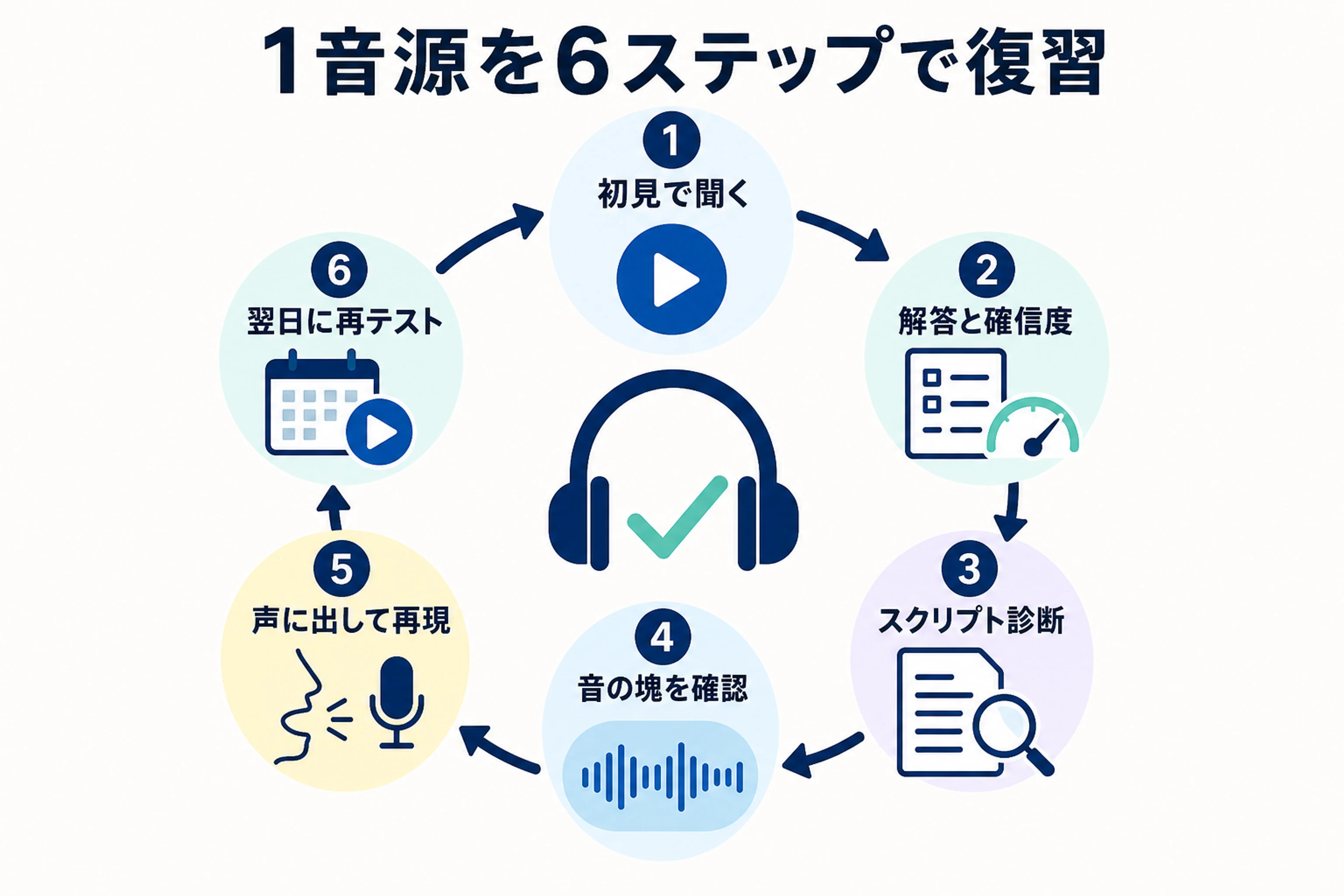TOEFL Listeningの1音源を初見から翌日再テストまで6ステップで復習するループ