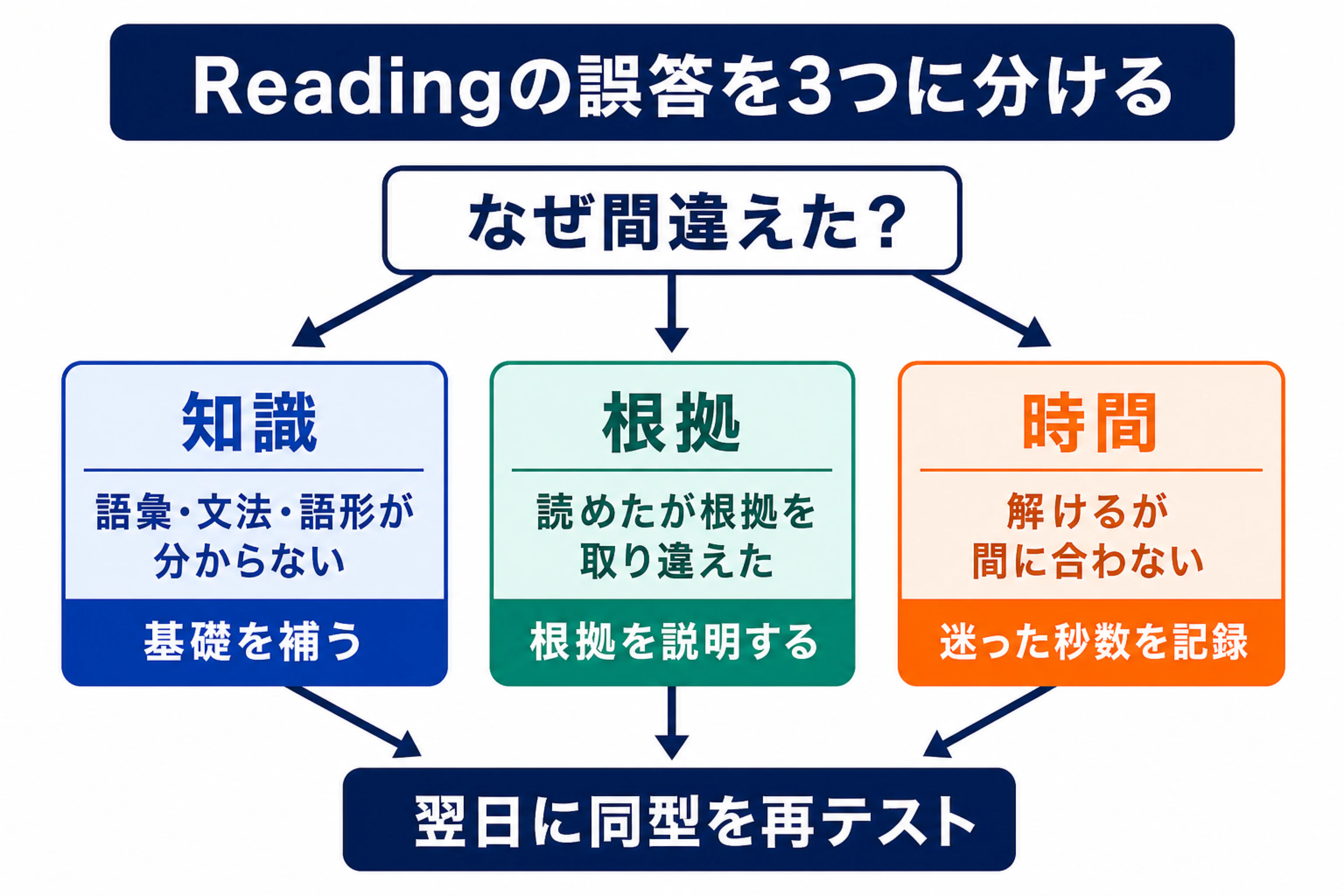 TOEFLリーディングの誤答原因を知識・根拠・時間に分ける診断フロー