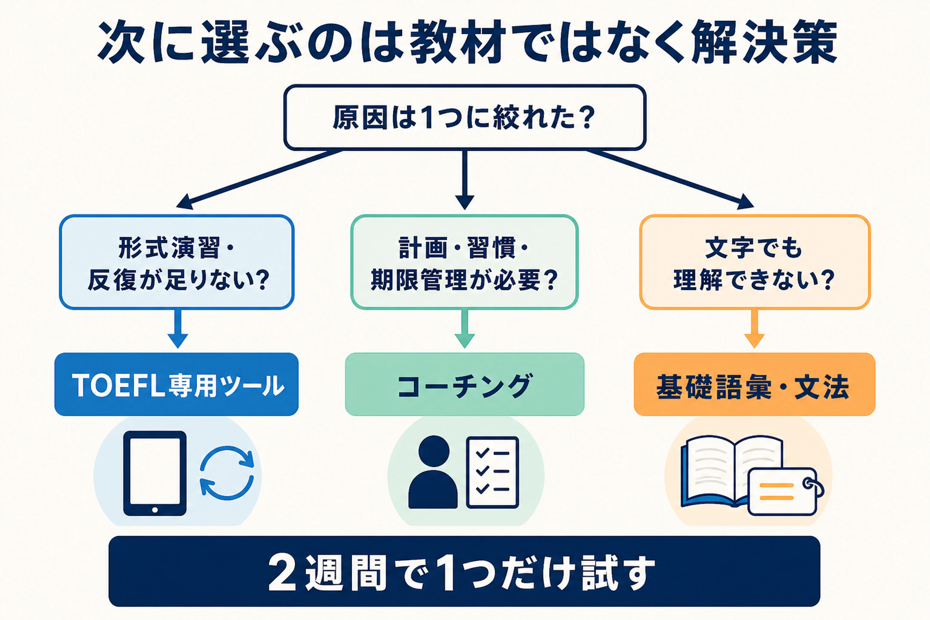 TOEFLの原因診断後に基礎学習・専用ツール・コーチングを選ぶ判断フロー