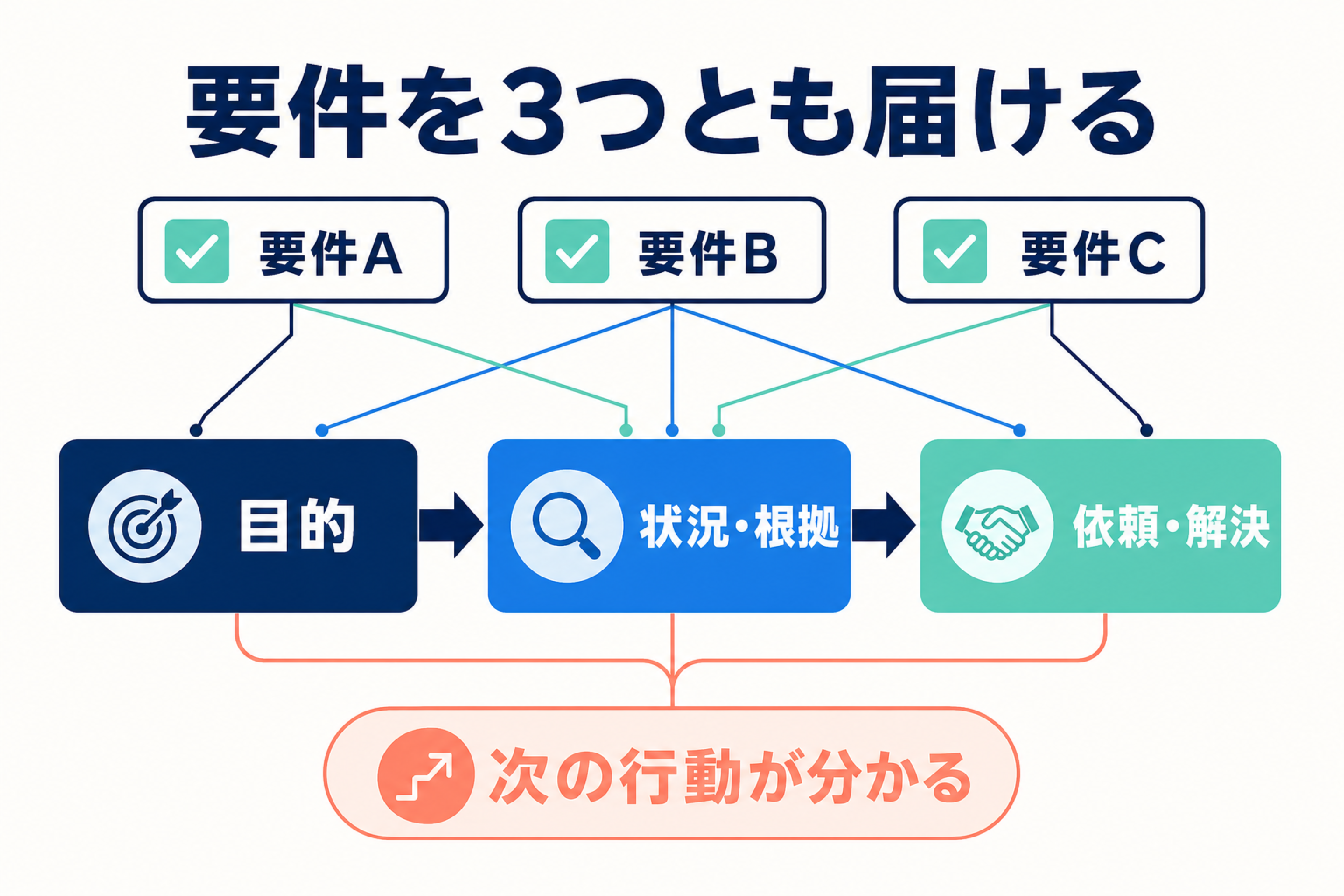 メールの目的、状況と根拠、依頼と解決の3ブロックで要件を回収する図