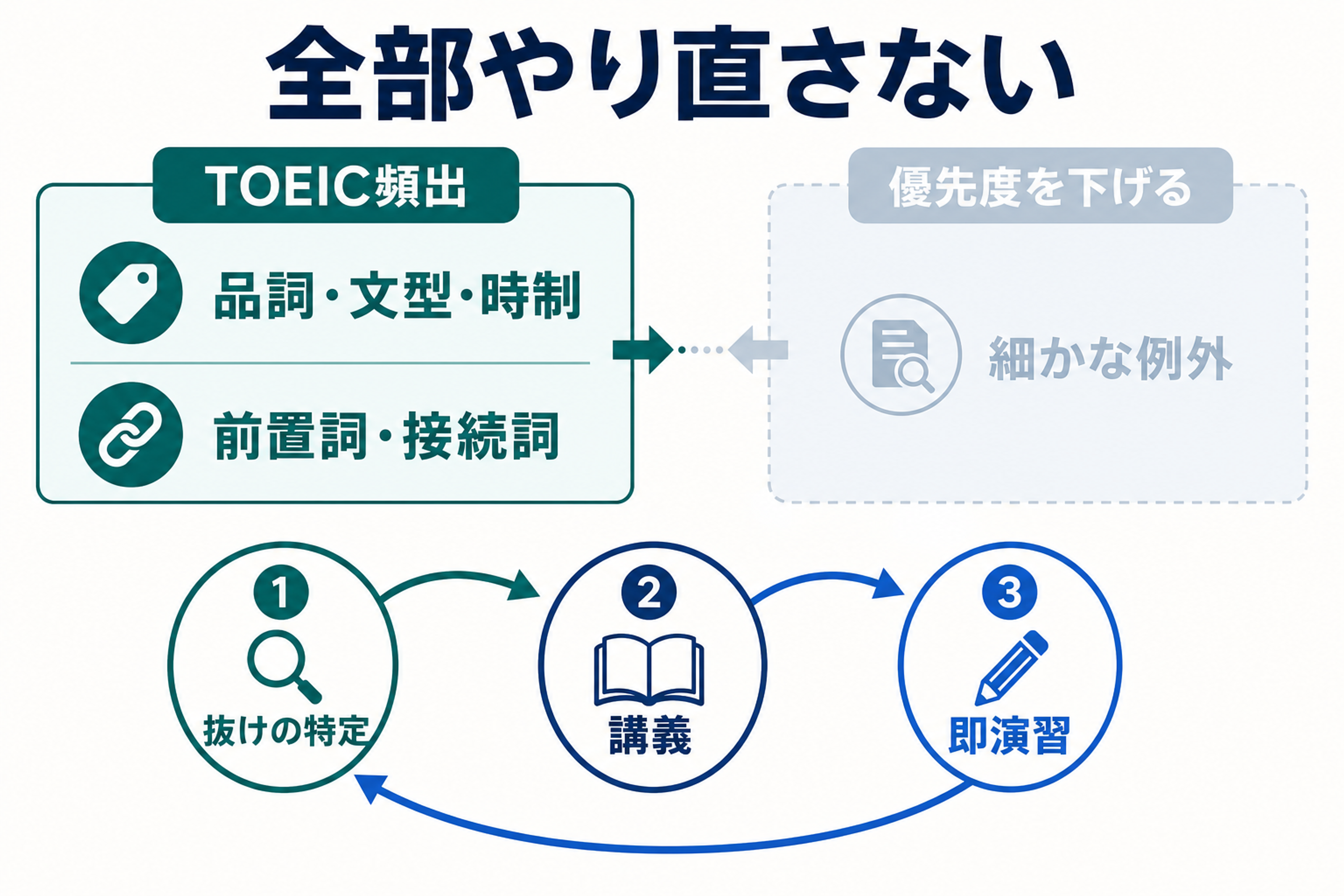 TOEIC文法をやり直すときにどこまで戻るかの範囲を示した図