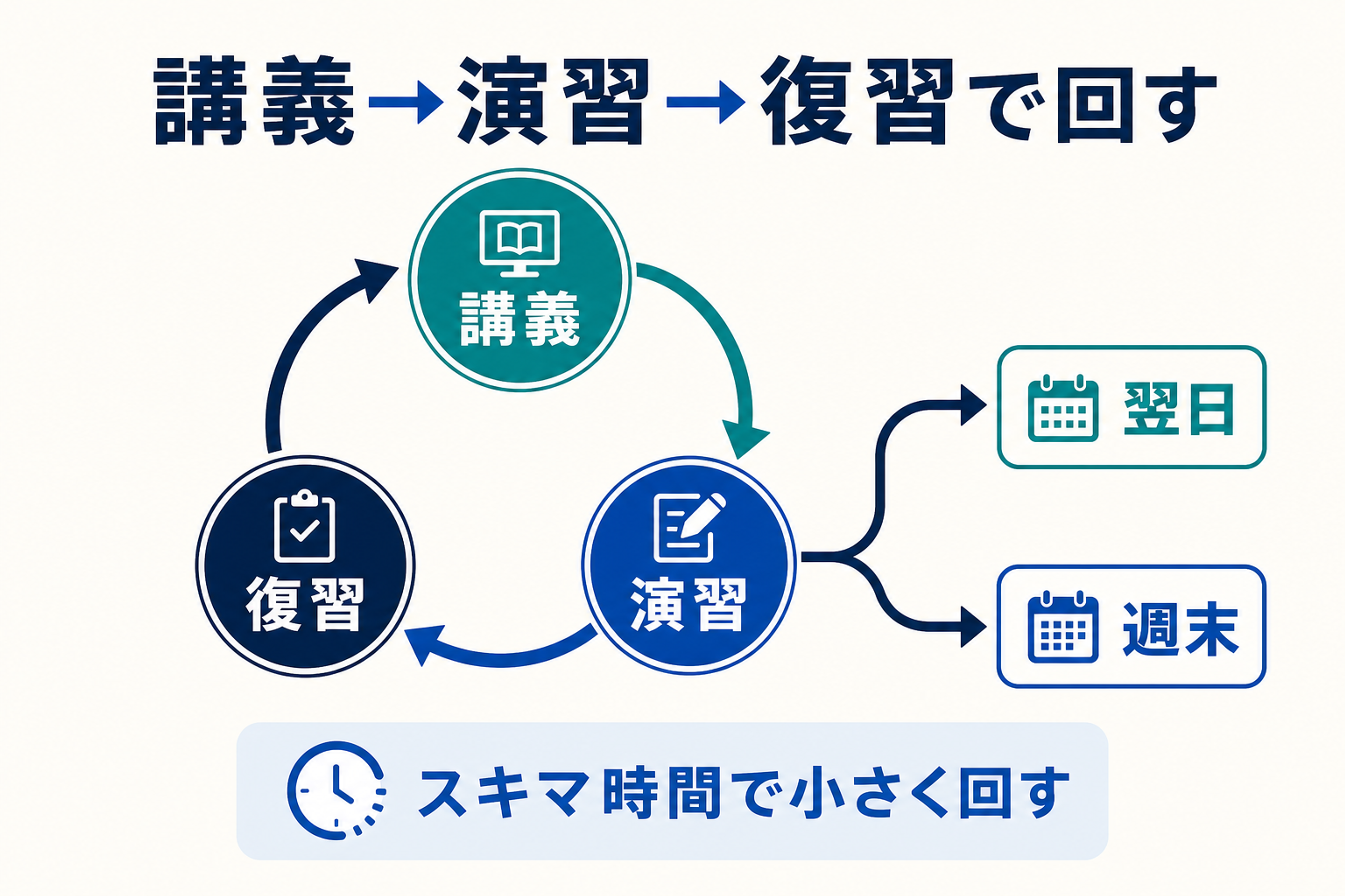 TOEIC学習の1日を講義・演習・復習で回すサイクル図