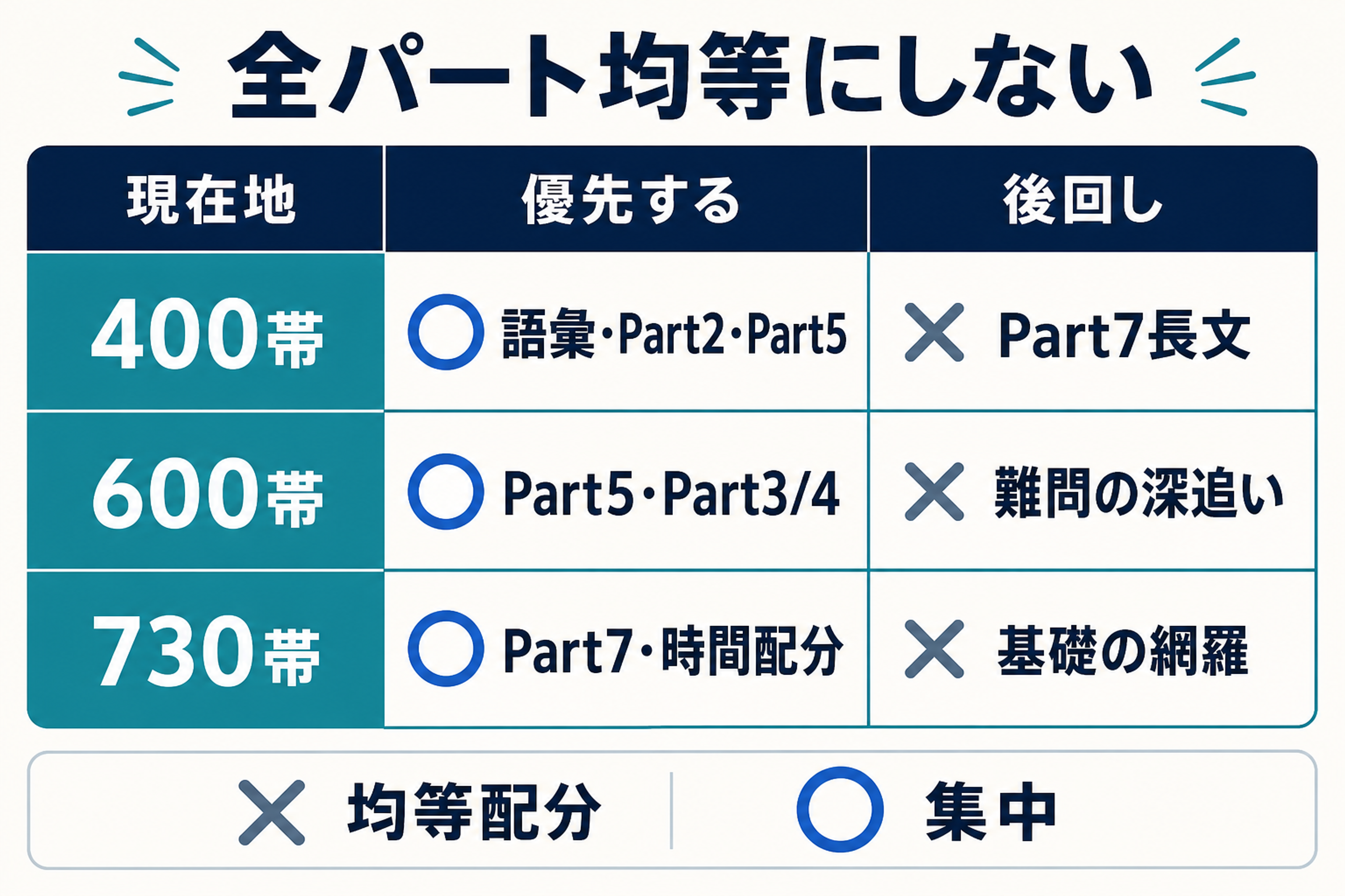 TOEICのパート別に投資対効果を整理した優先度マトリクス