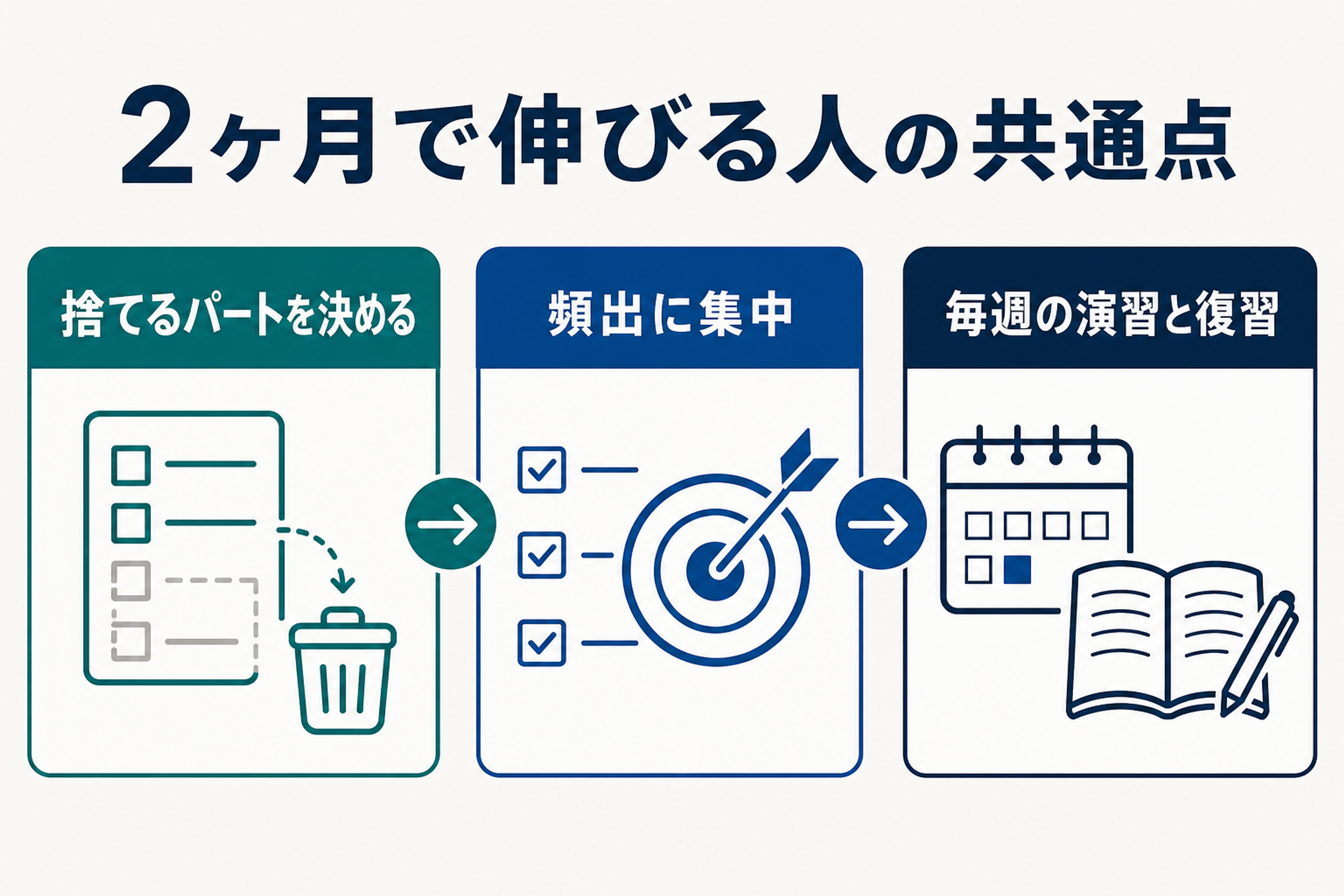 TOEICが2ヶ月で伸びる人に共通する3つの条件を整理した図解