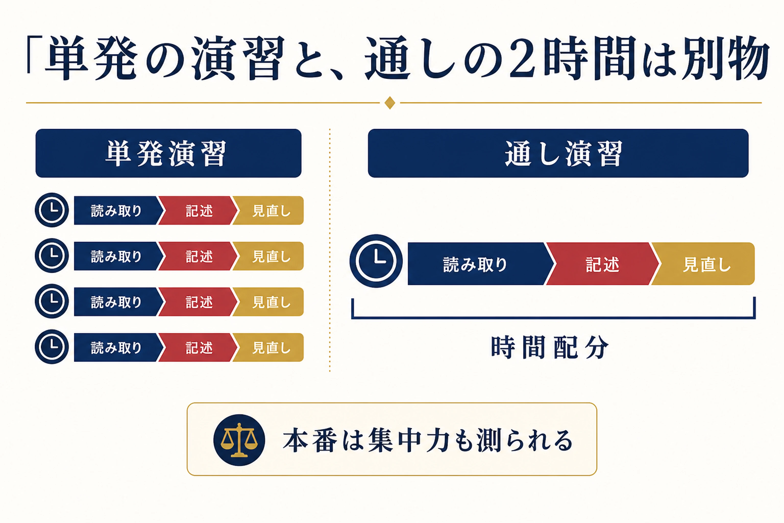 単発の演習と通しの模試の違いを対比した図解