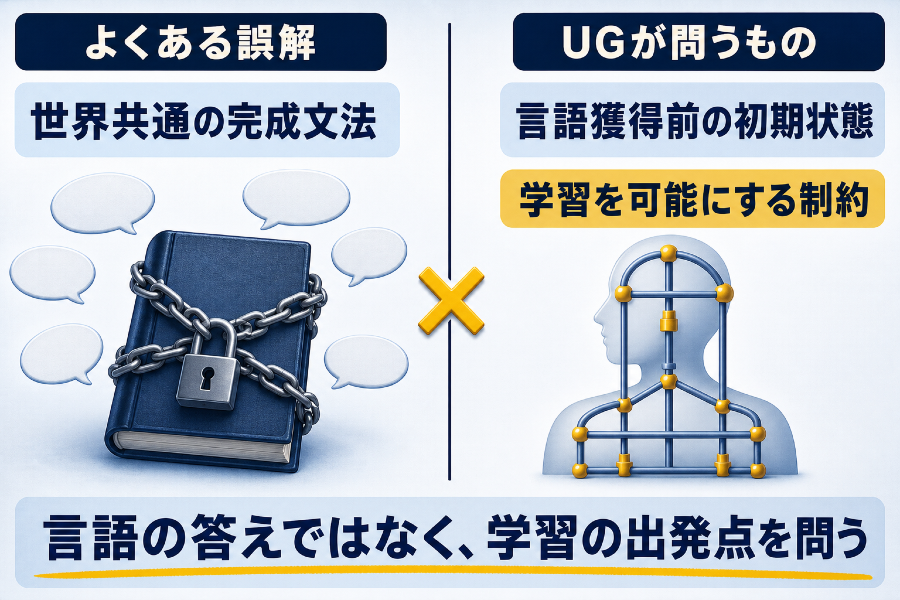 普遍文法について、世界共通の完成文法という誤解と、言語獲得前の初期状態を問う仮説という意味を対比した図