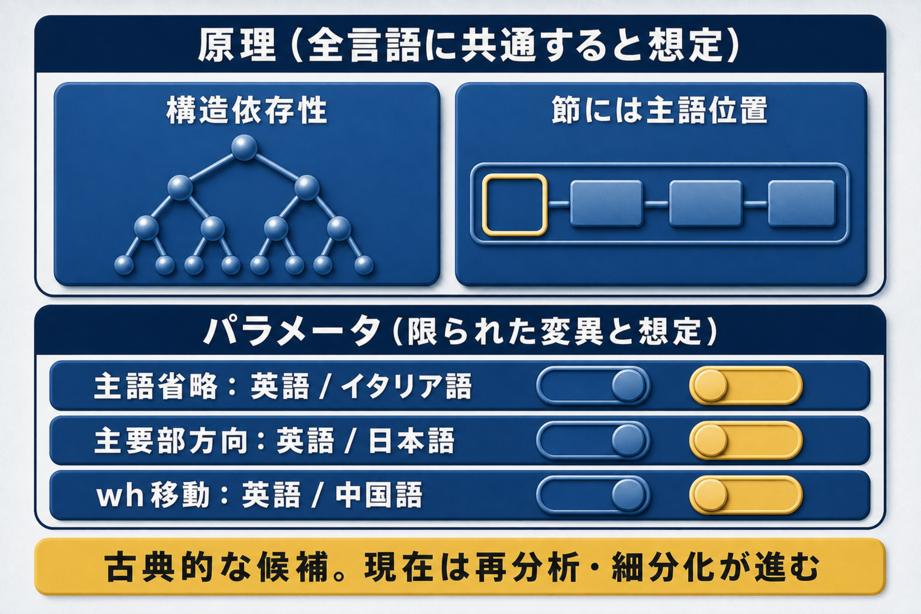 生成文法の原理の候補として構造依存性と主語位置、パラメータの候補として主語省略、主要部方向、wh移動を具体例つきで整理した図