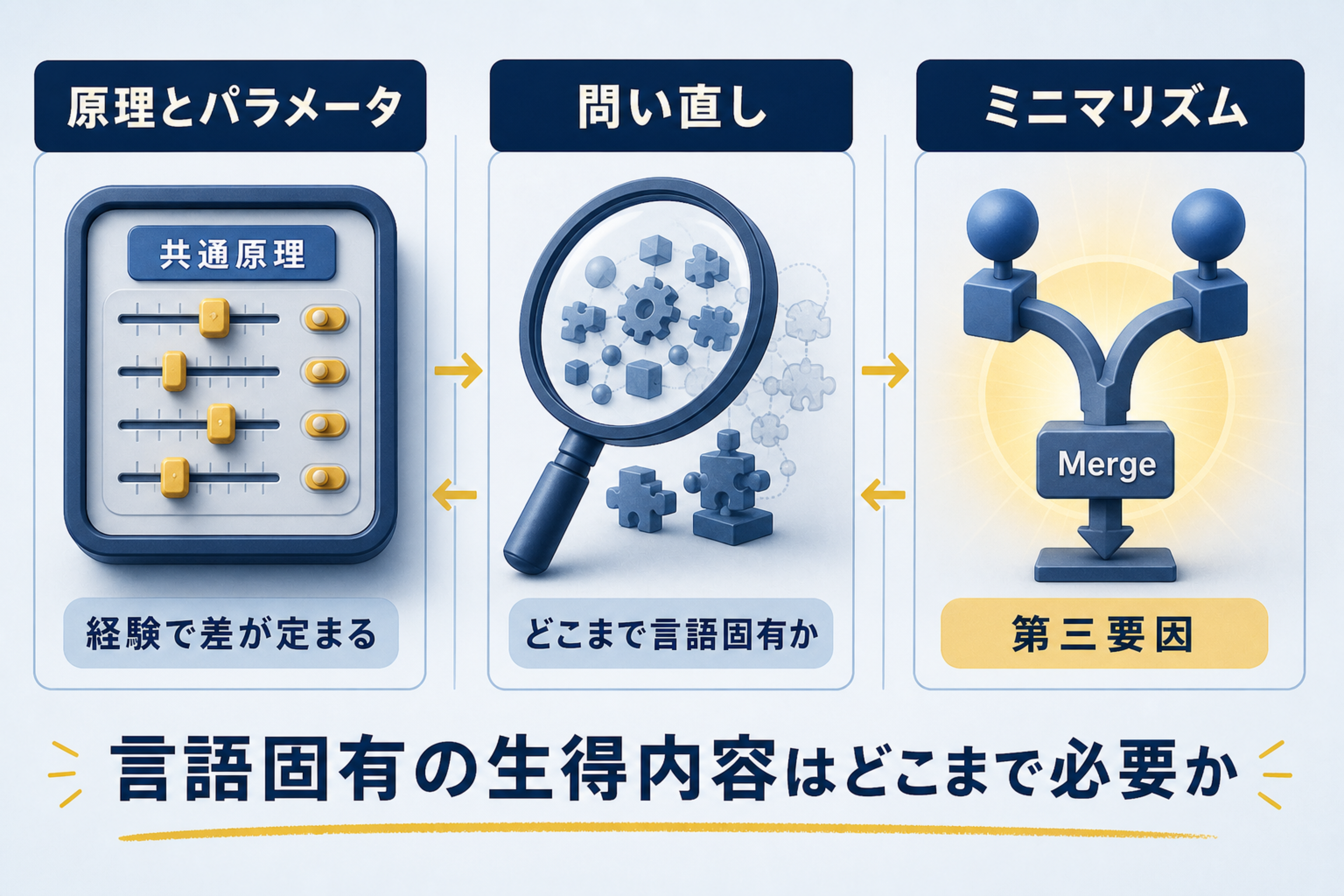 原理とパラメータからミニマリズムへ、普遍文法に想定する言語固有の内容を問い直してきた流れを示す図