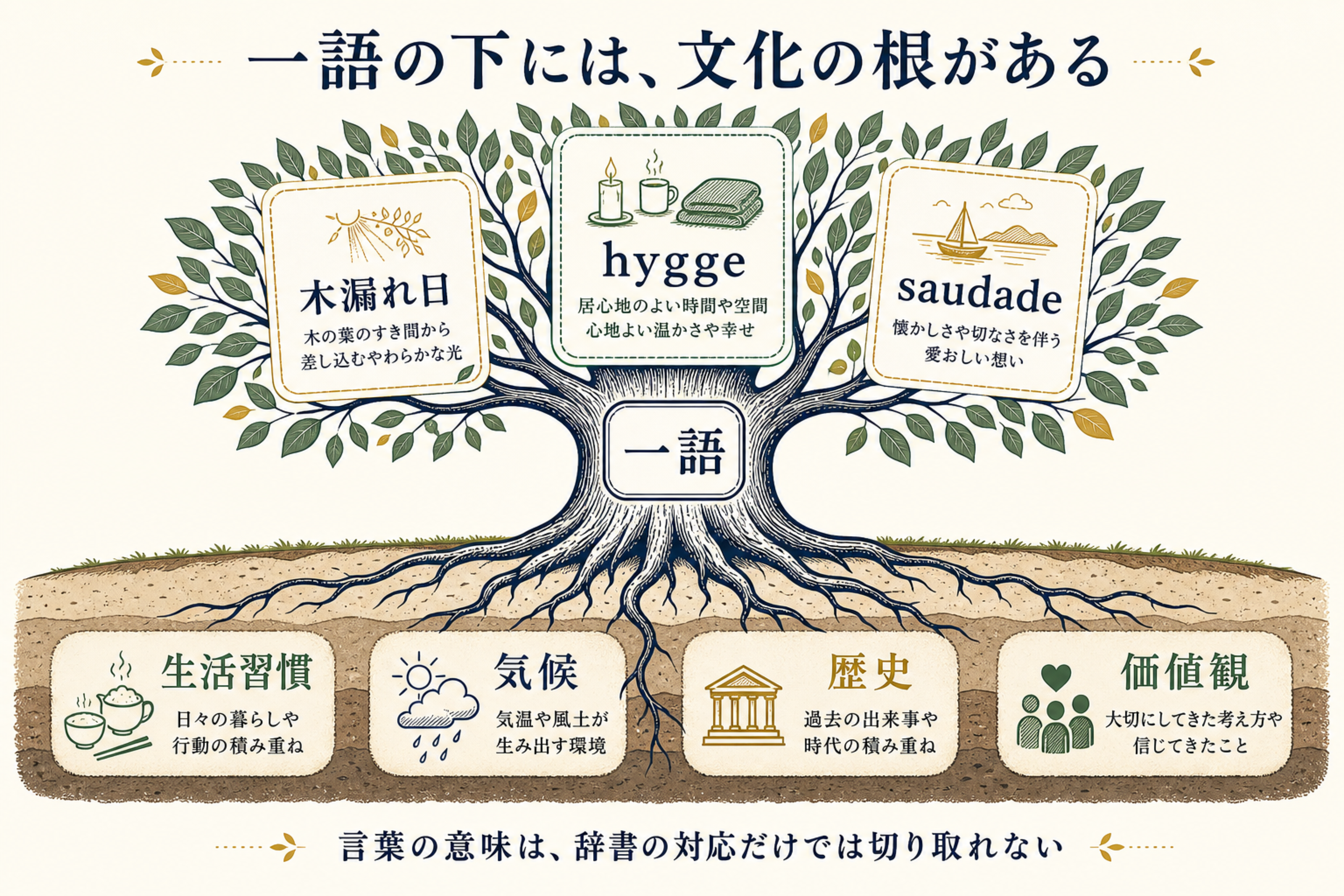 一語の下に生活習慣、気候、歴史、価値観の根があることを示す図