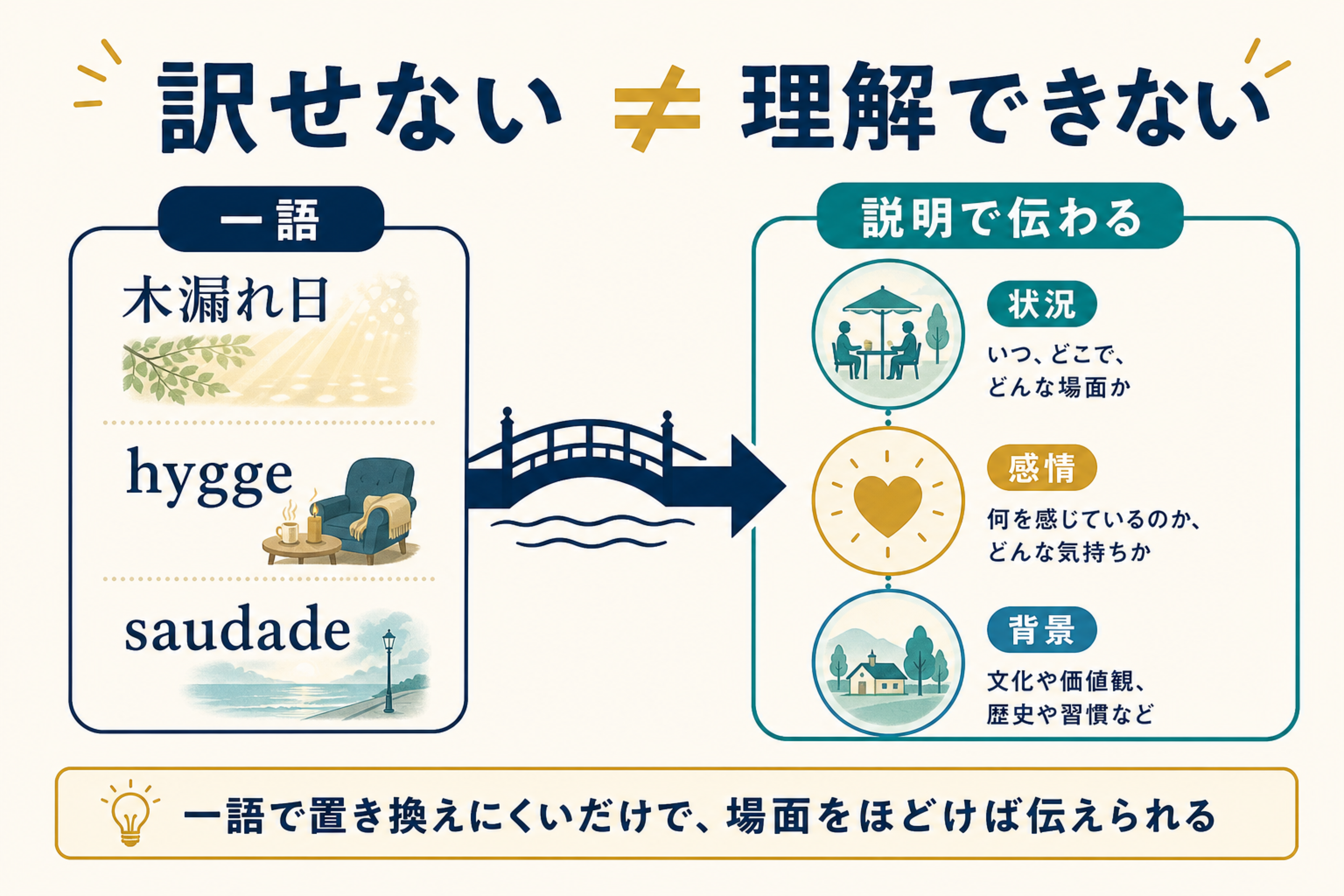 訳せないことと理解できないことは違い、状況、感情、背景を説明すれば伝わることを示す図