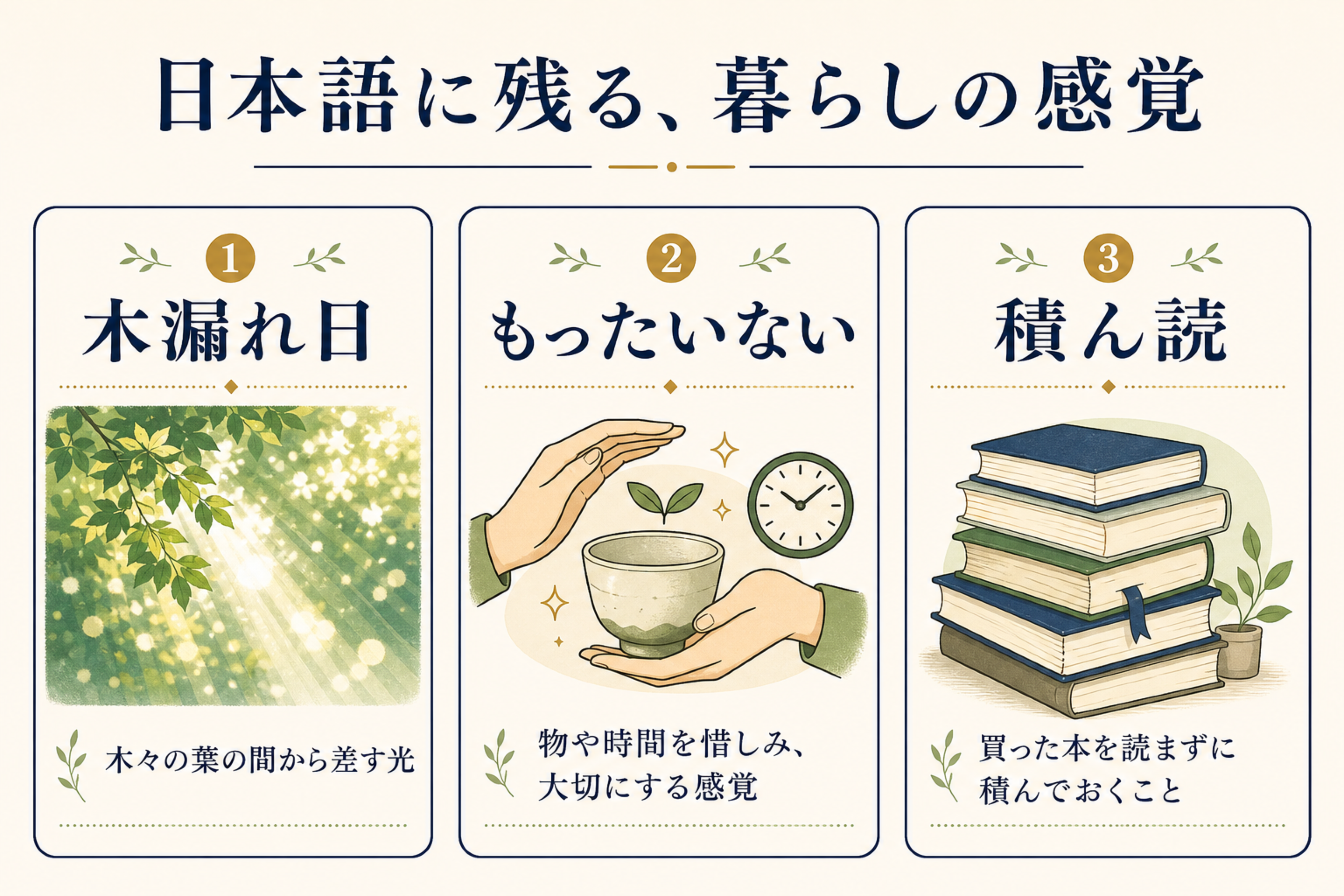 木漏れ日、もったいない、積ん読という日本語の訳しにくい語を示す図