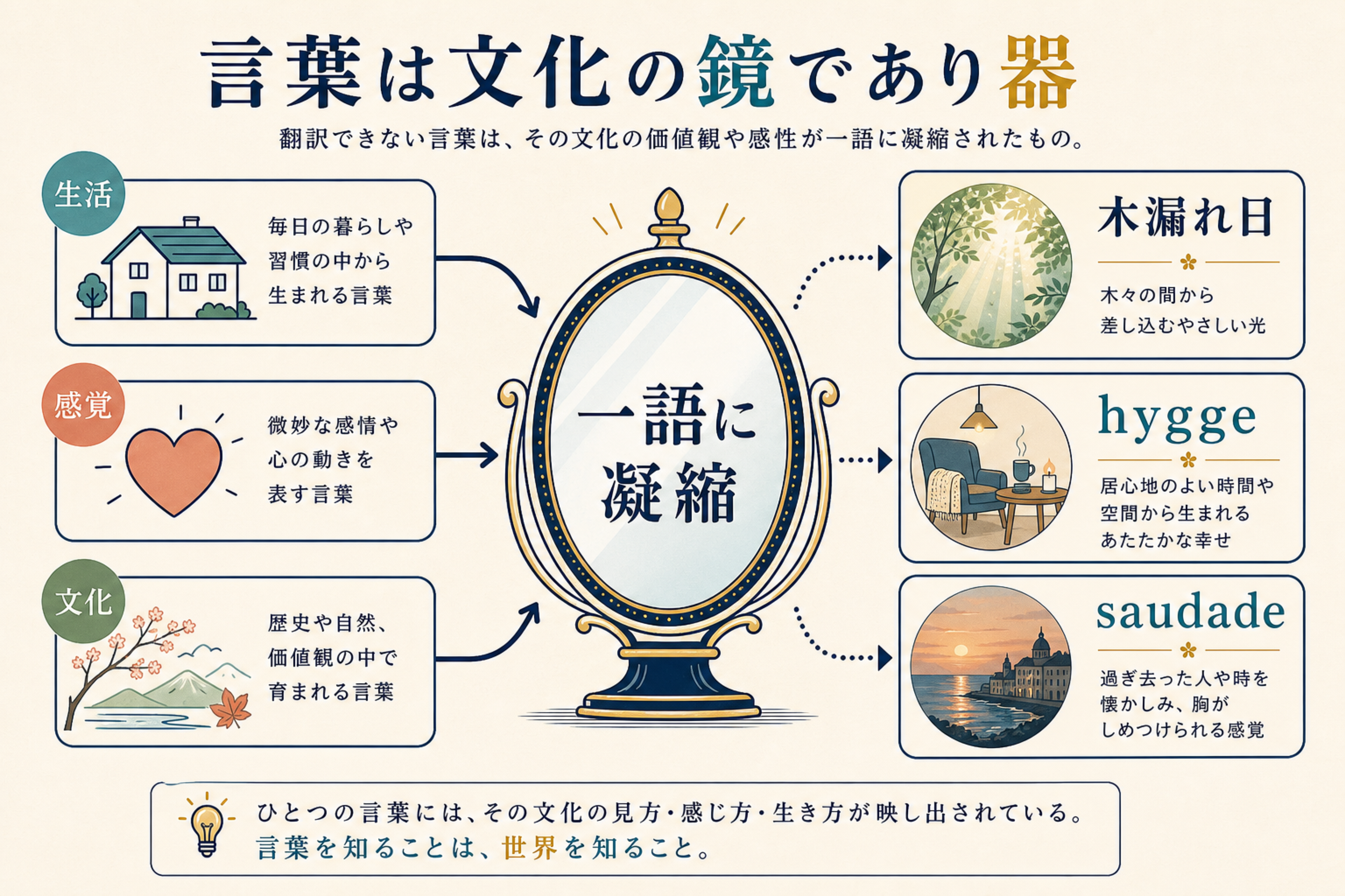 言葉が文化の鏡であり器でもあることを示す図