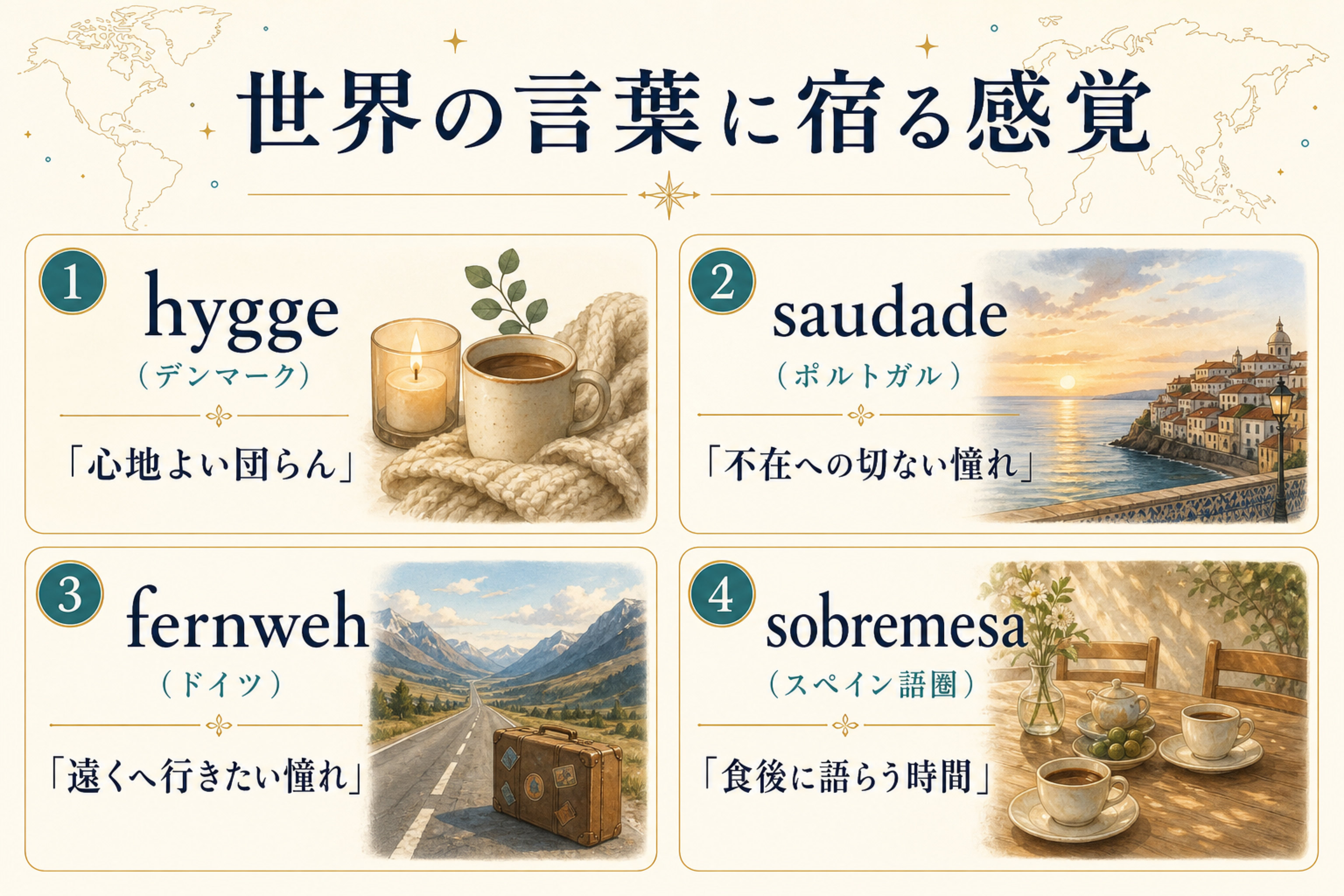 hygge、saudade、fernweh、sobremesaなど世界の訳しにくい言葉を示す図