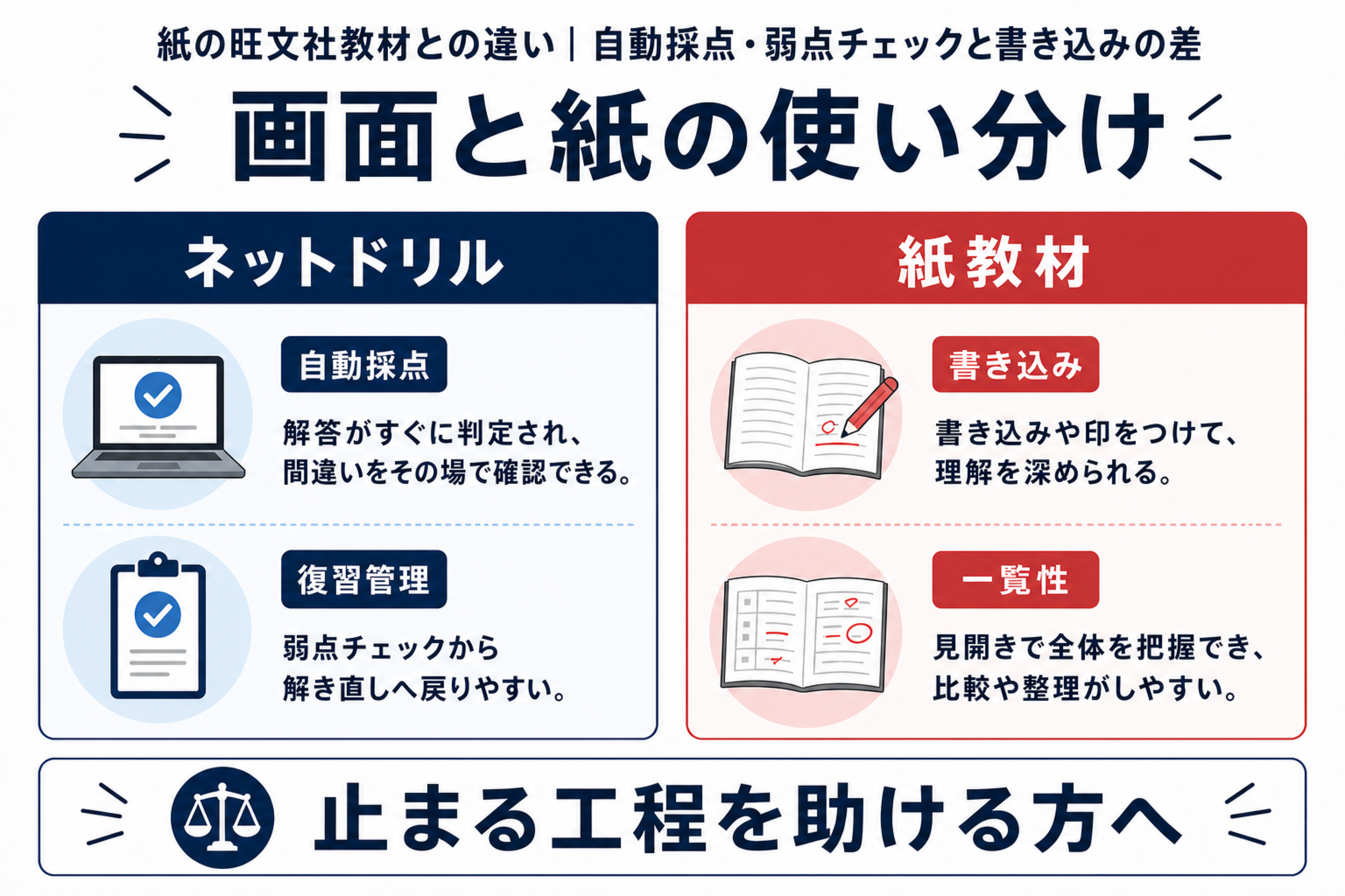 英検ネットドリルと紙の旺文社教材を自動採点・弱点チェック・書き込みで比較する図